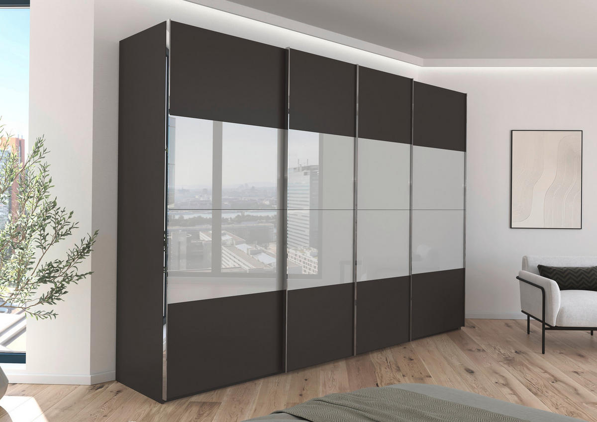 SCHWEBETÜRENSCHRANK 316/223/68 cm 4-türig Graphitfarben, Grau  - Chromfarben/Graphitfarben, KONVENTIONELL, Glas/Holzwerkstoff (316/223/68cm) - Novel