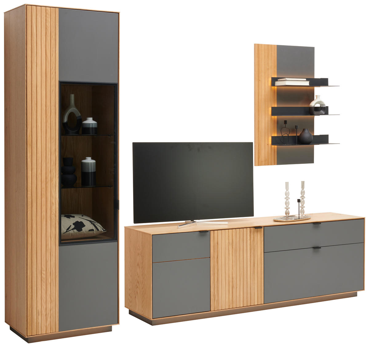 WOHNWAND  in Grau, Eichefarben 250/200/42 cm  - Eichefarben/Schwarz, Natur, Glas/Holz (250/200/42cm) - Linea Natura