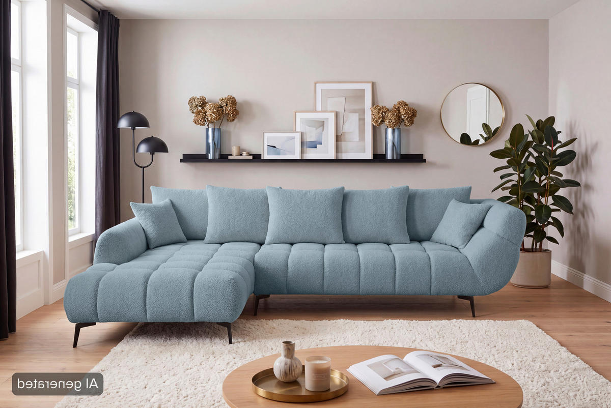 ECKSOFA Blaugrau Bouclé Zierkissen, Rückenkissen, Rücken echt  - Blaugrau/Schwarz, MODERN, Textil/Metall (217/318cm) - Carryhome