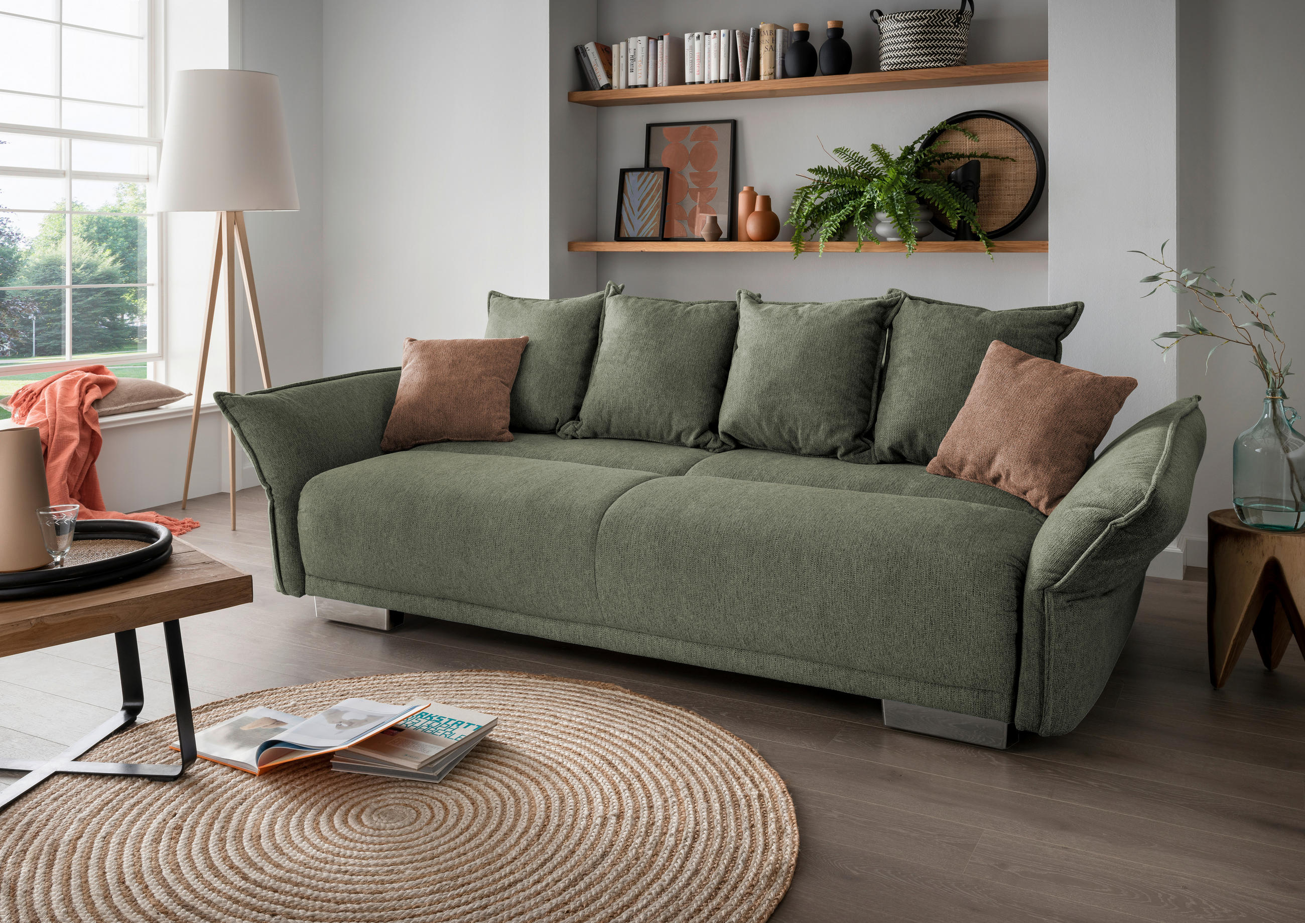 BIGSOFA in Chenille Dunkelgrün  - Chromfarben/Dunkelgrün, MODERN, Kunststoff/Textil (242/71/90/131cm) - Livetastic