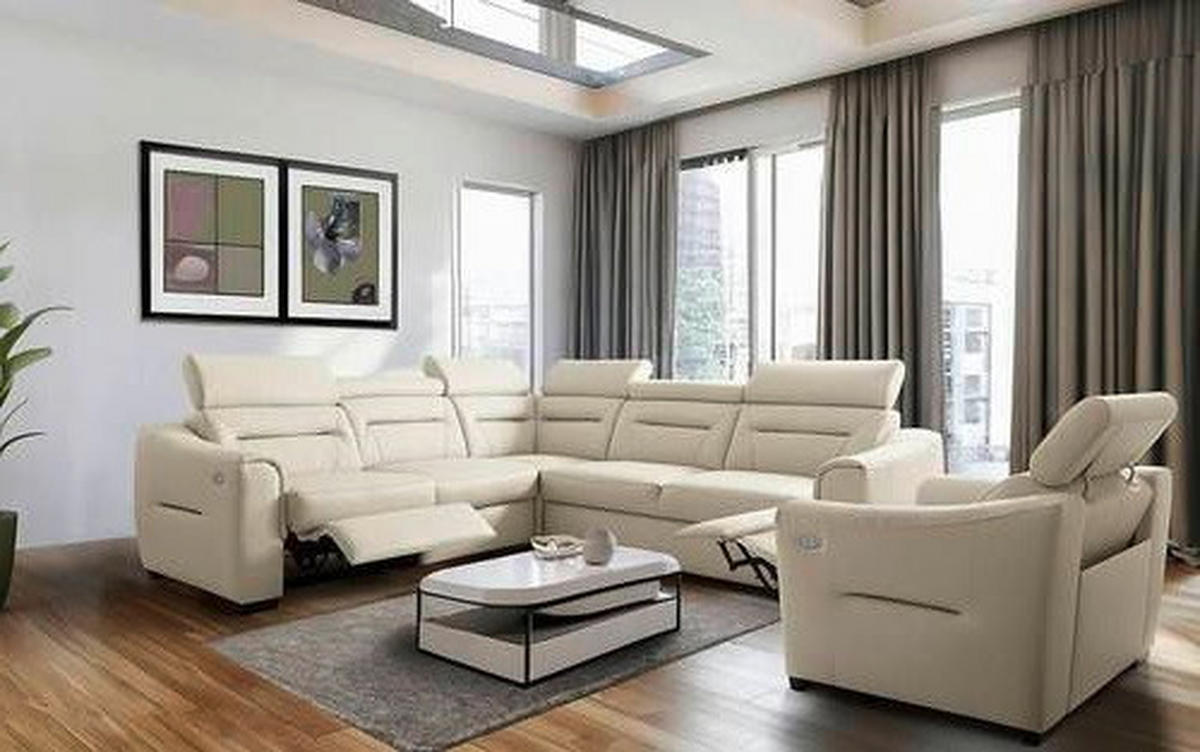 ECKSOFA Creme Echtleder Lederlook Schlaffunktion, Rücken echt, Relaxfunktion, Kopfteilverstellung  - Wengefarben/Creme, Design, Leder/Holz (260/260cm) - Celina Home