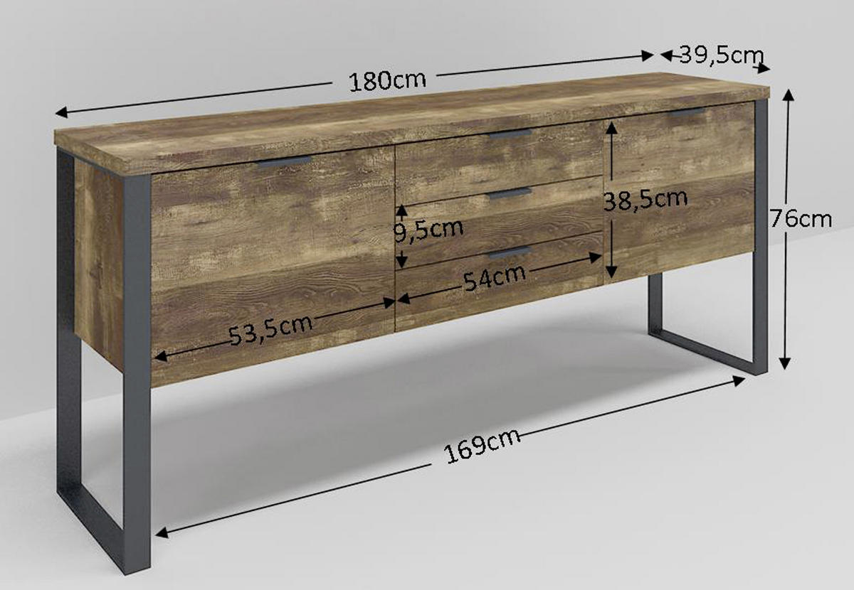 SIDEBOARD  in 180/76,2/39,5 cm  - Eichefarben/Anthrazit, Design, Holzwerkstoff/Metall (180/76,2/39,5cm)