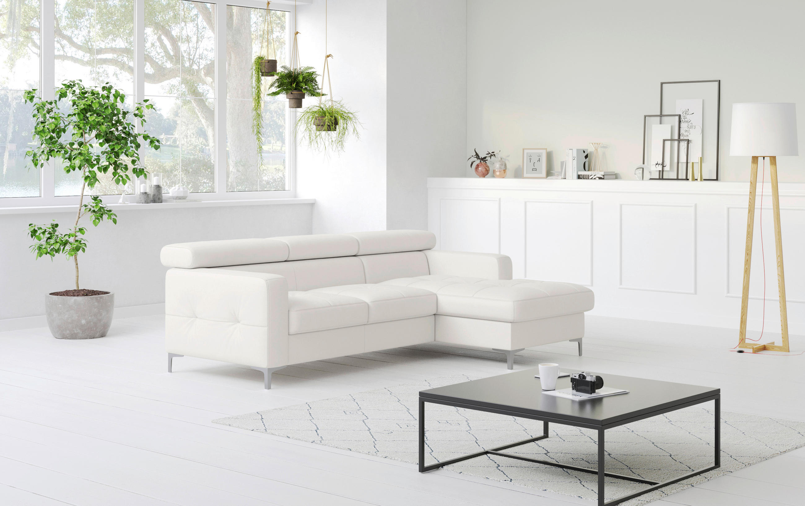 ECKSOFA in Echtleder Weiss  - Chromfarben/Weiss, Design, Leder/Metall (227/168cm) - Livetastic