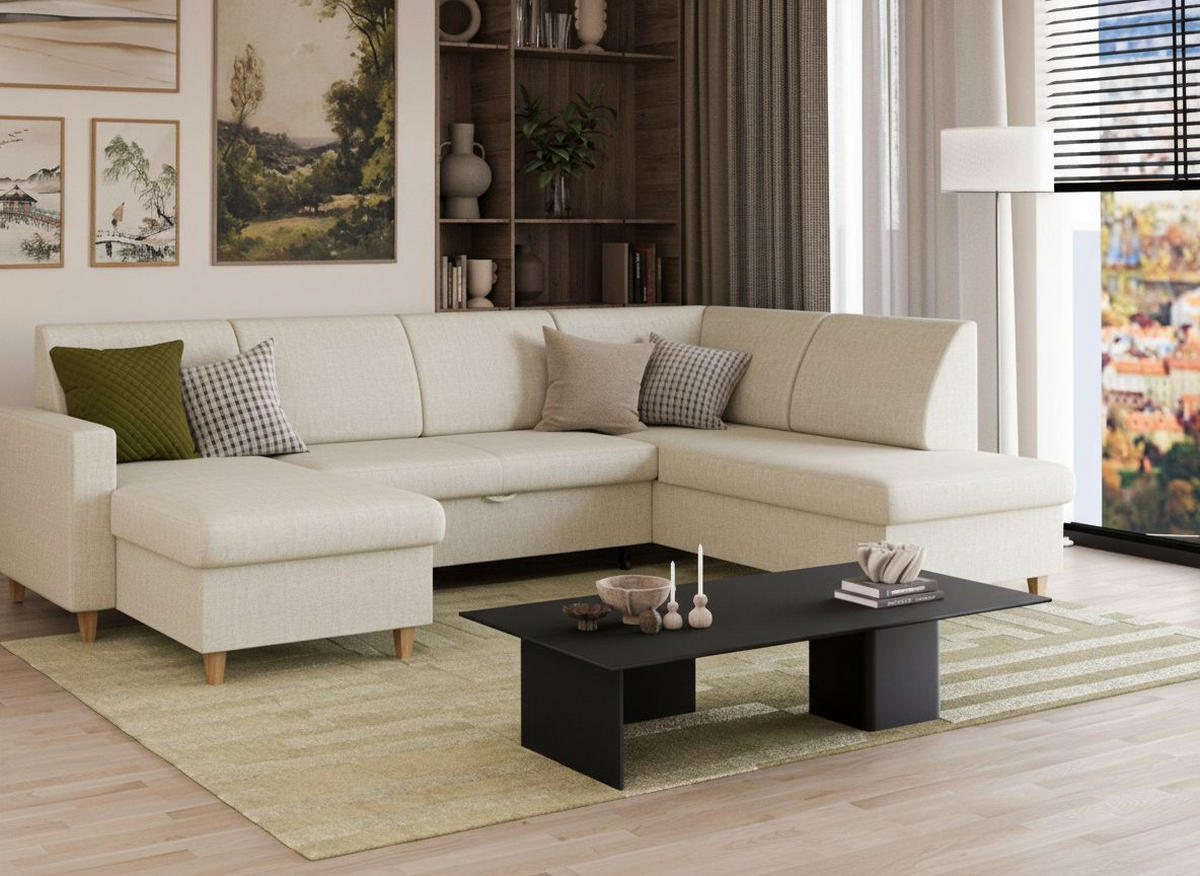 WOHNLANDSCHAFT Bouclé Creme  - Buchefarben/Creme, Design, Holz/Holzwerkstoff (310/160/145cm) - MID.YOU