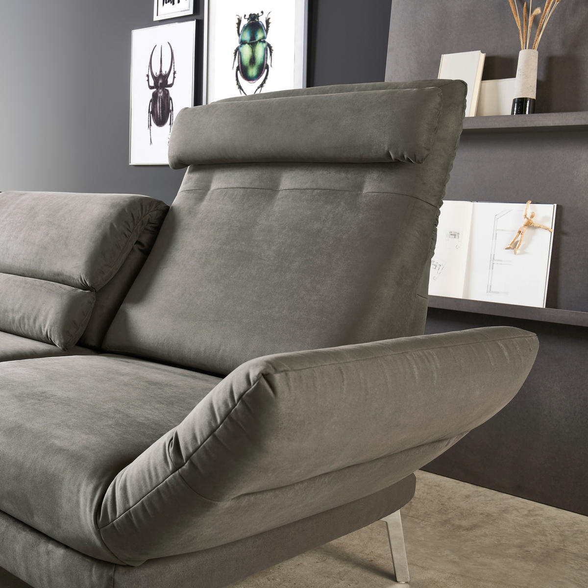ECKSOFA Graphitfarben Mikrofaser  - Chromfarben/Graphitfarben, Design, Textil/Metall (279-327/176-217cm) - Dieter Knoll