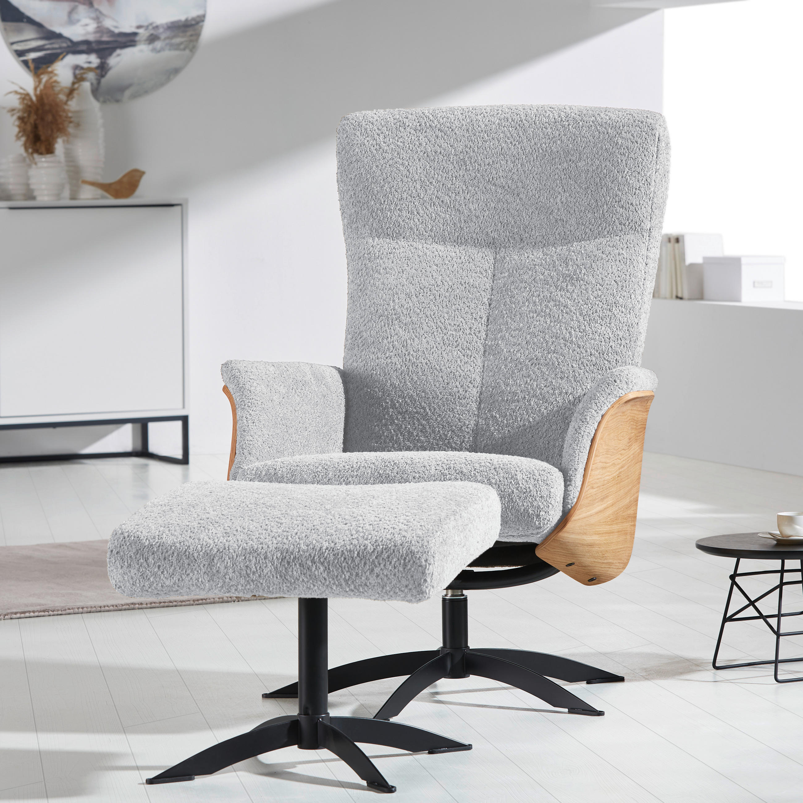 RELAXSESSEL Teddystoff Relaxfunktion    - Hellgrau/Schwarz, Design, Holz/Textil (71/104/77cm) - Welnova