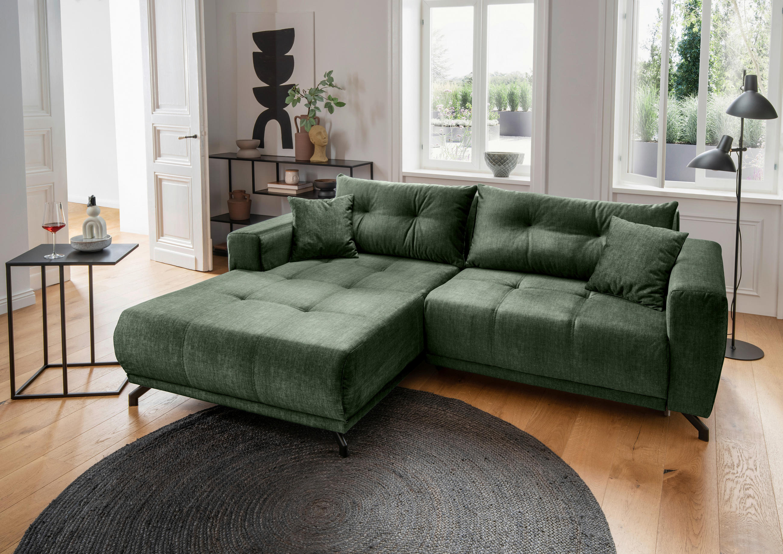 ECKSOFA in Velours Dunkelgrün - Dunkelgrün/Schwarz, Modern, Textil/Metall (177/246cm) - MID.YOU