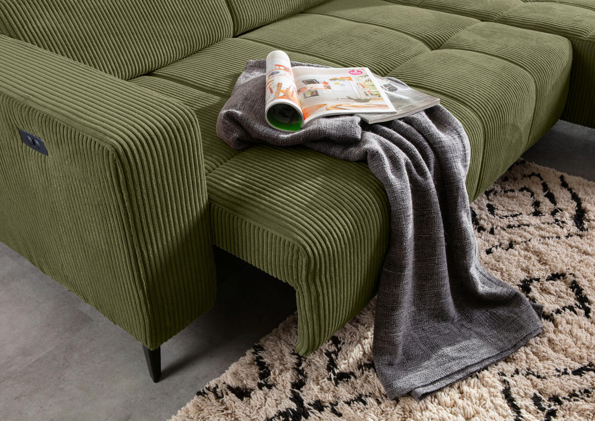 ECKSOFA Dunkelgrün Cord Rücken echt, Kopfteilverstellung, Sitzvorzug  - Dunkelgrün/Schwarz, KONVENTIONELL, Textil/Metall (257/170cm) - Carryhome