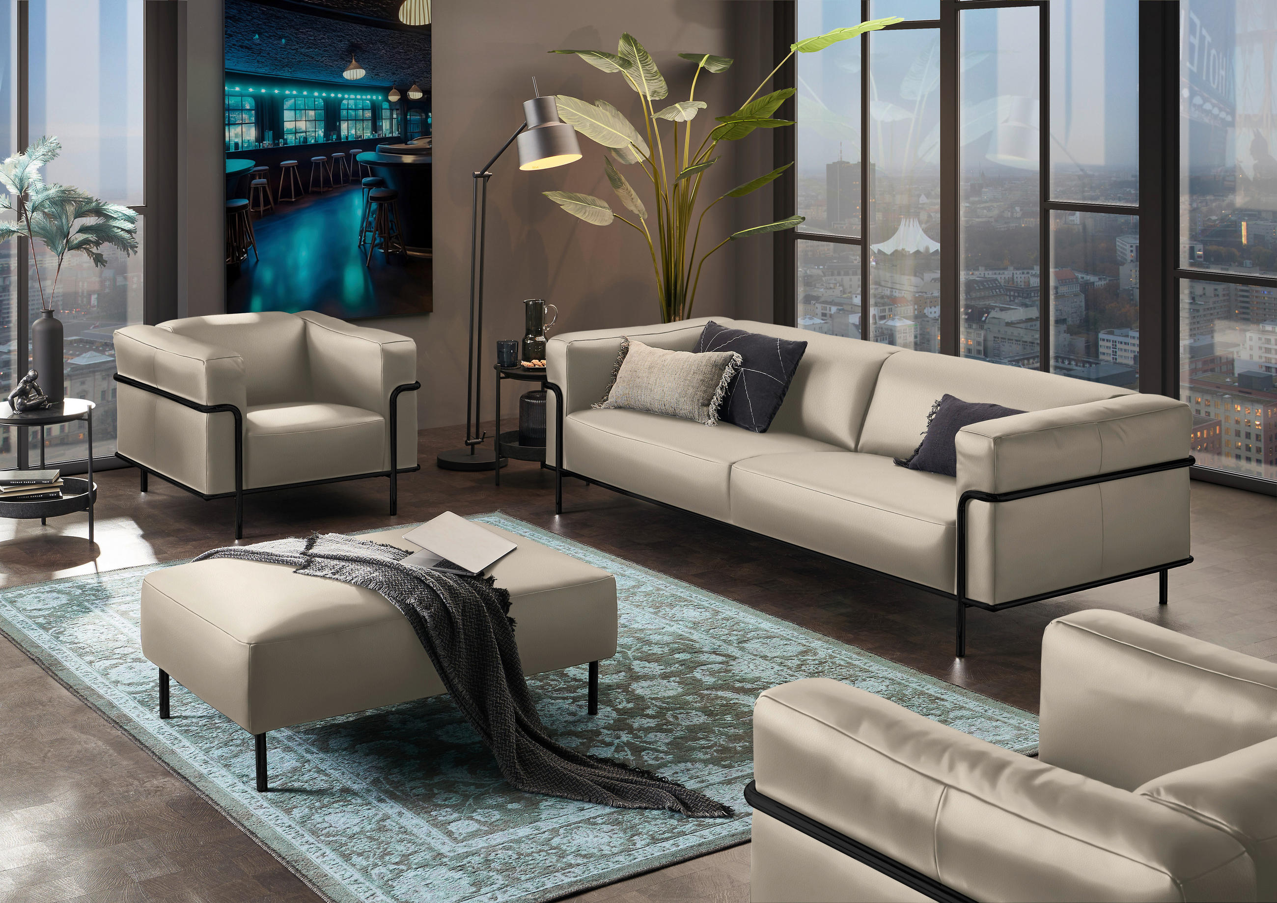 3-SITZER-SOFA in Echtleder Beige  - Beige/Schwarz, Design, Leder/Metall (236/67/96cm) - Johann Jakob
