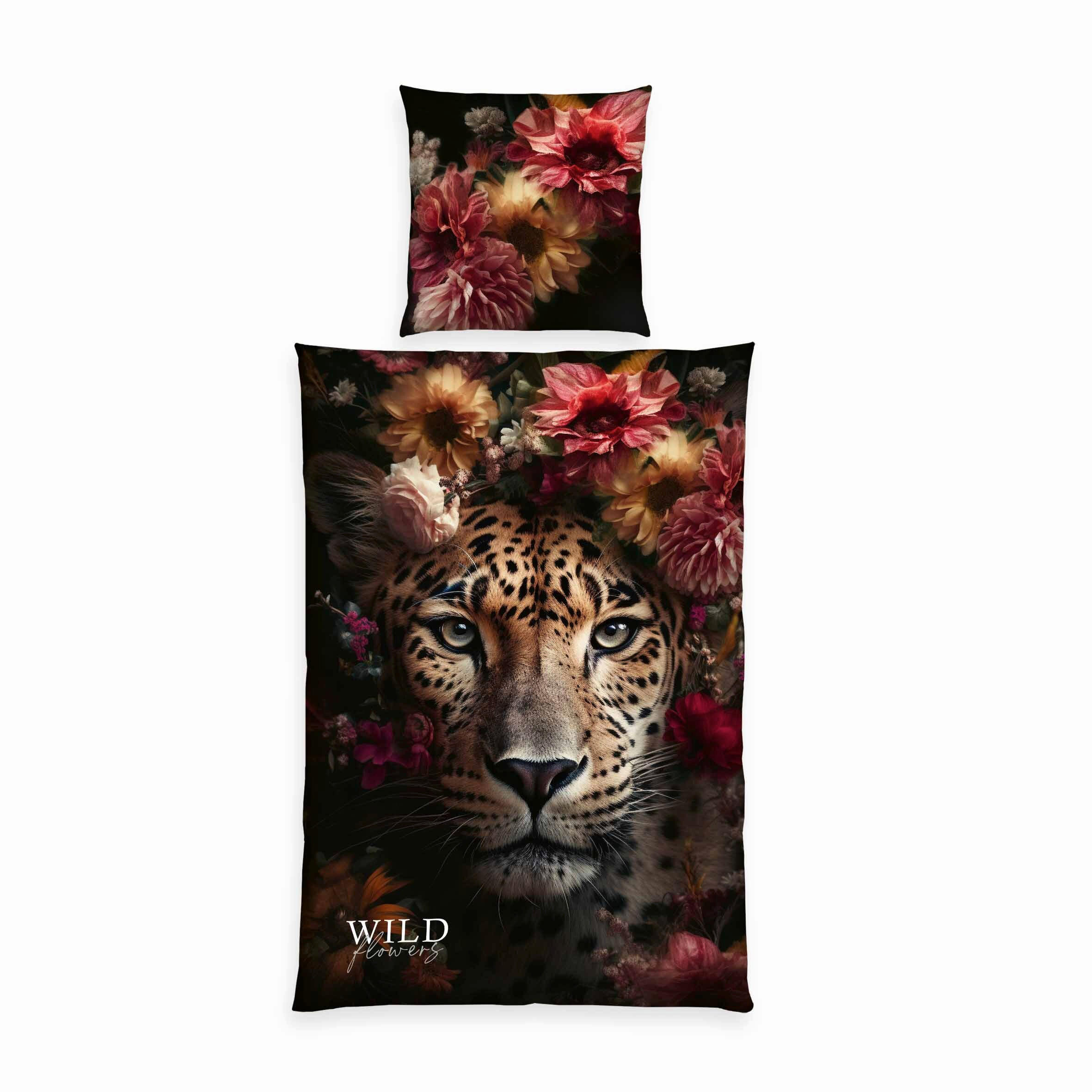BETTWÄSCHE 2-teilig Wild Flowers Leopard Bettwäsche Renforcé 135/200 cm  - Schwarz/Braun, Design, Textil (135/200cm) - Herding