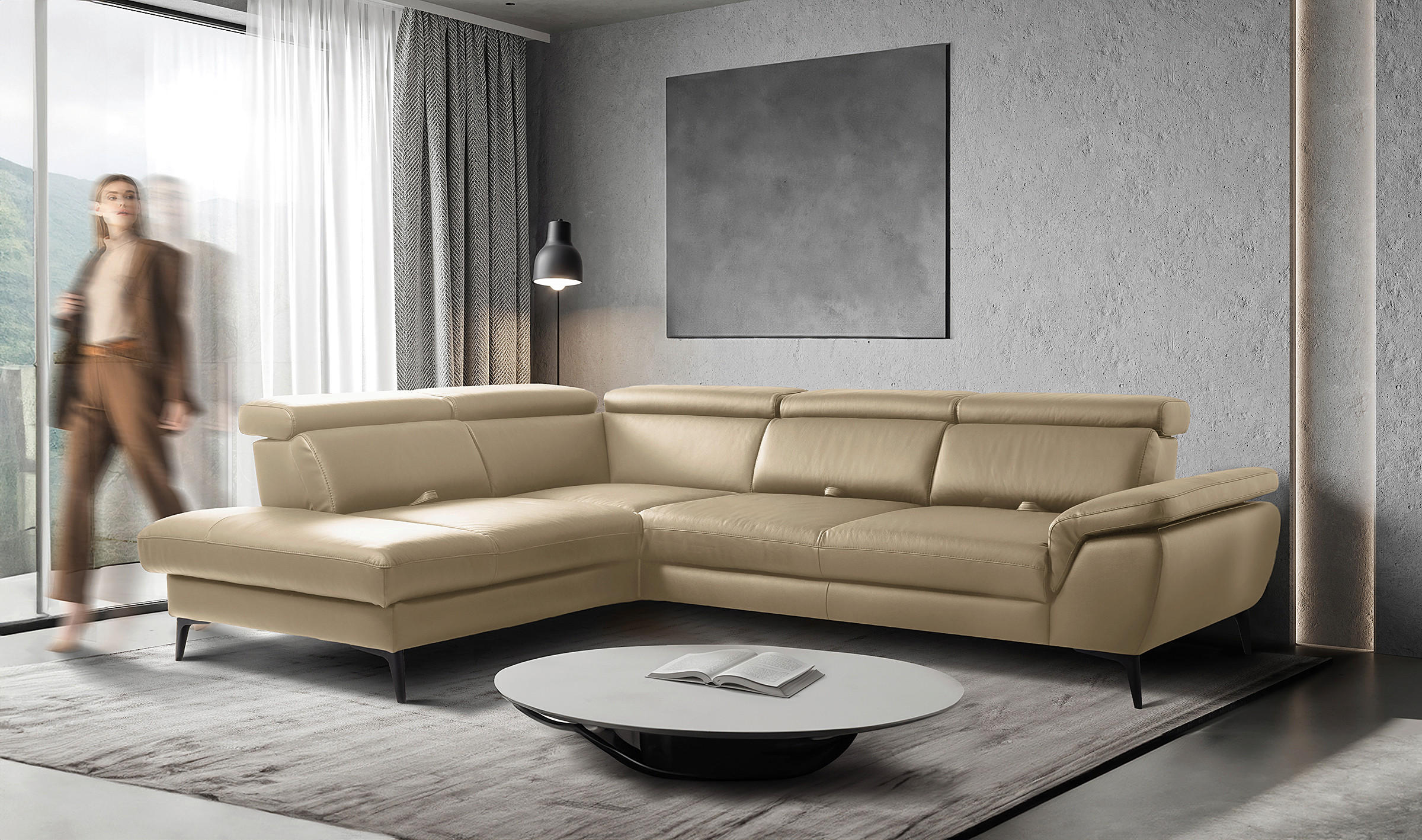 ECKSOFA  in Lederlook Echtleder Hellgrau  220/274 cm  - Hellgrau/Schwarz, Design, Leder/Textil (220/274cm) - Livetastic