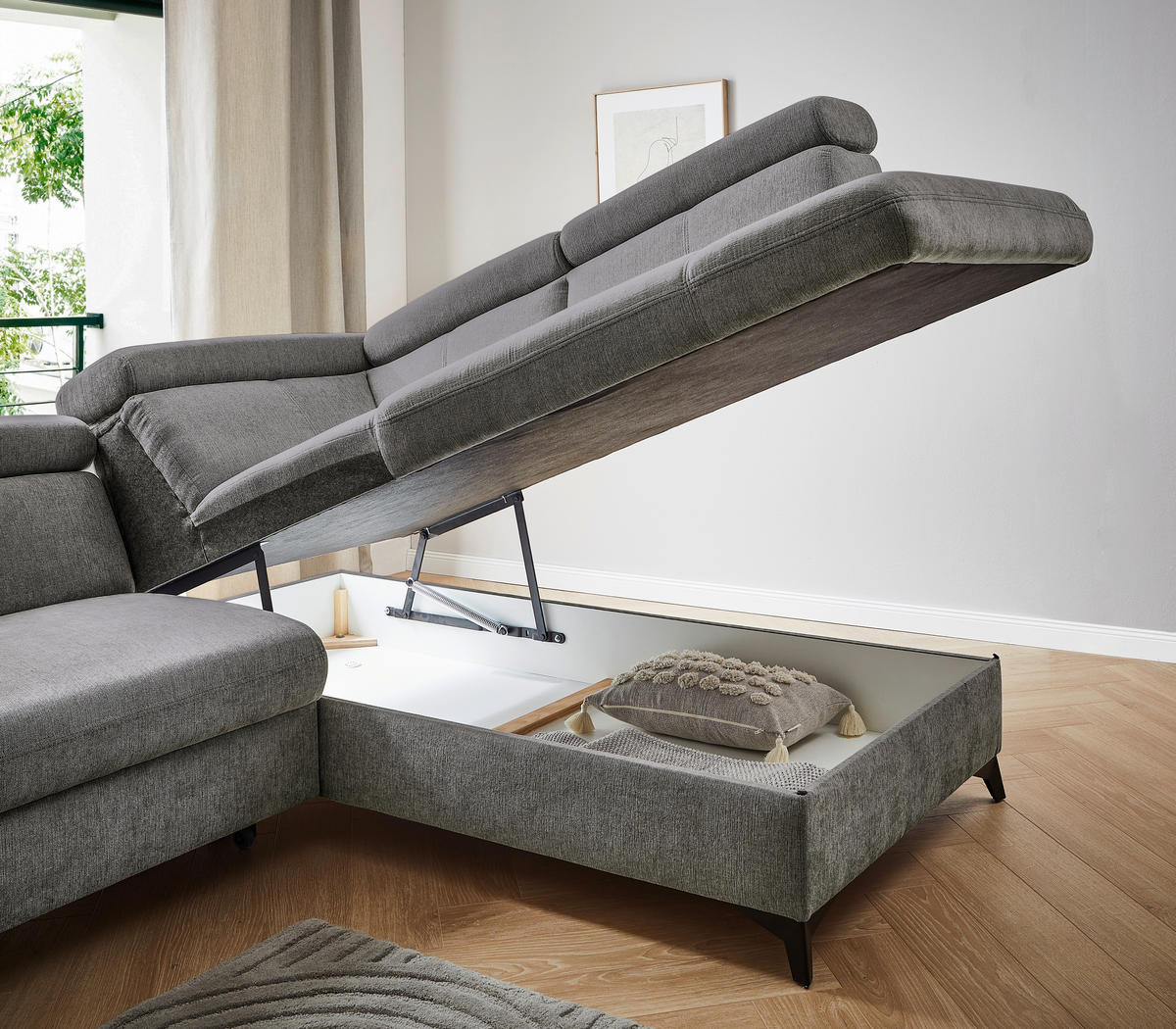 Ecksofa inkl. Funktionen PRAG Anthrazit Chenille  - Anthrazit/Schwarz, Design, Textil/Metall (260/203cm) - Stylife