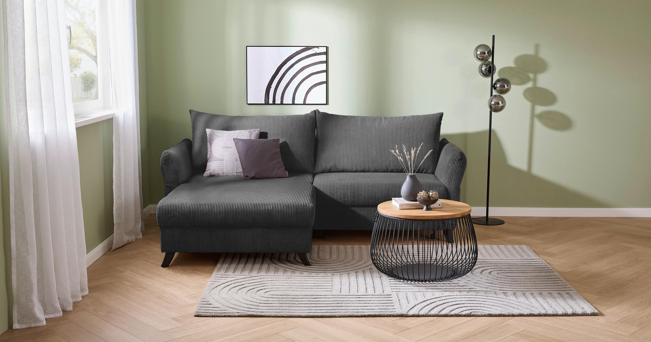 ECKSOFA in Cord Anthrazit  - Anthrazit/Schwarz, Romantik / Landhaus, Holz/Textil (245/159cm) - Stylife