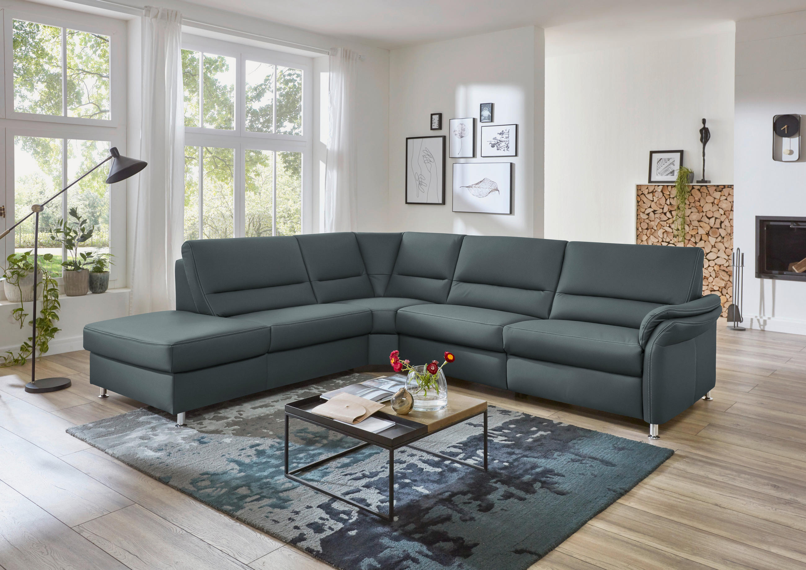 ECKSOFA in Echtleder Blaugrau  - Beige/Blaugrau, Design, Leder/Metall (249/288cm) - Beldomo Premium