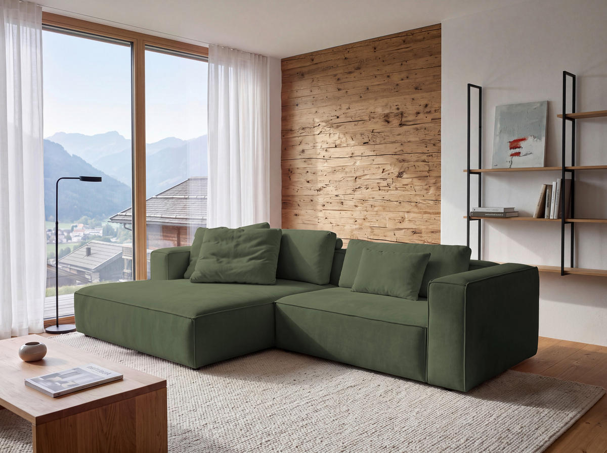 ECKSOFA Dunkelgrün Chenille Rücken echt  - Dunkelgrün/Schwarz, MODERN, Kunststoff/Textil (185/296cm) - Hom`in