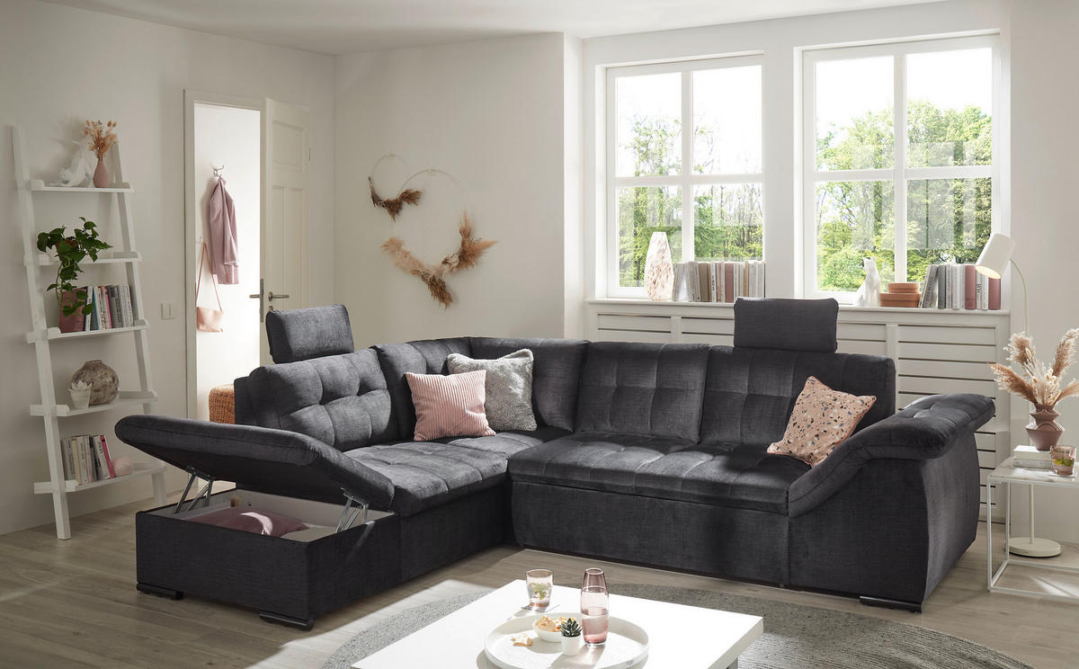 ECKSOFA in Mikrovelours Schwarz  - Schwarz, Konventionell, Kunststoff/Textil (217/283cm) - MID.YOU