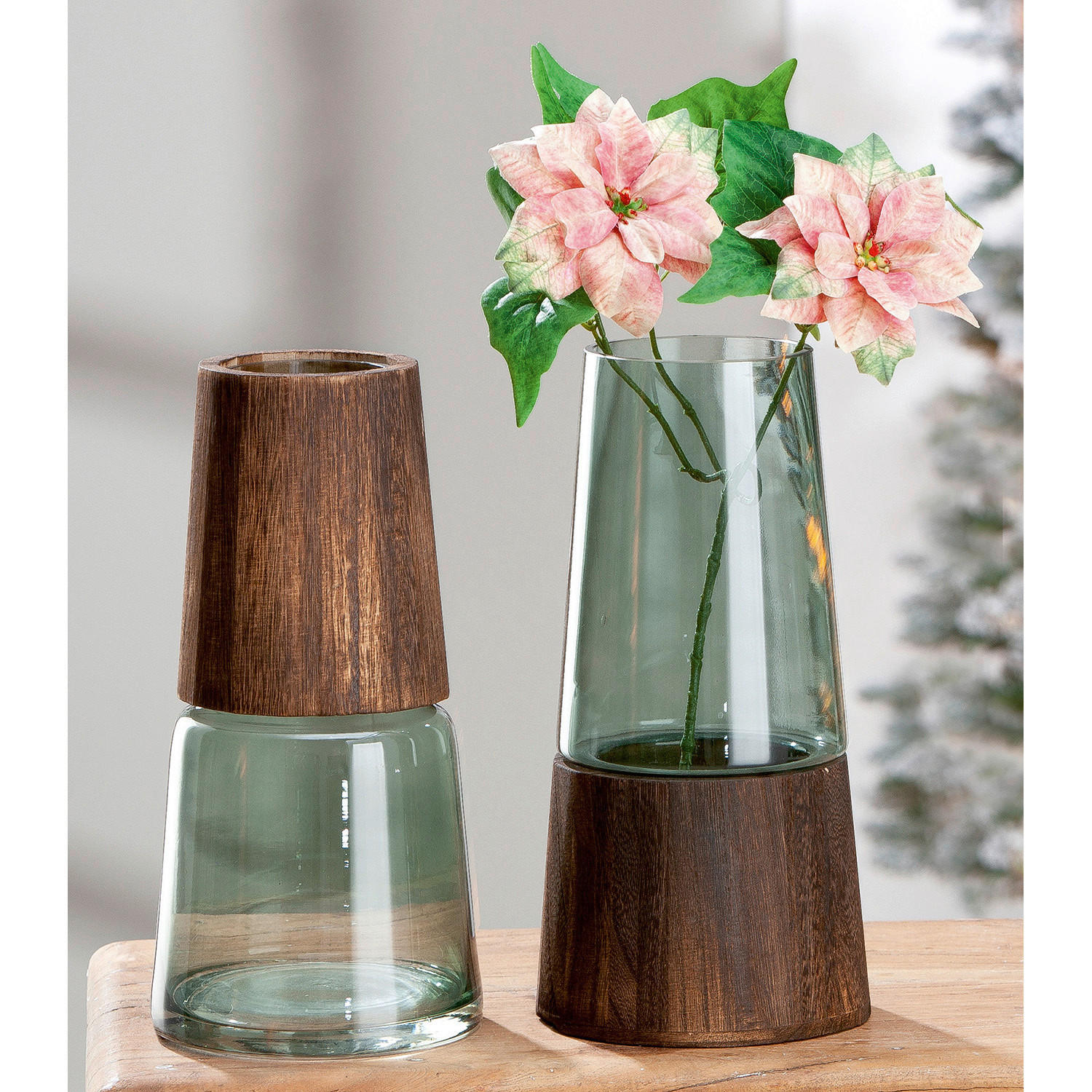 DEKOVASE  - Salbeigrün/Cappuccino, LIFESTYLE, Glas/Holz (14/28,5cm)