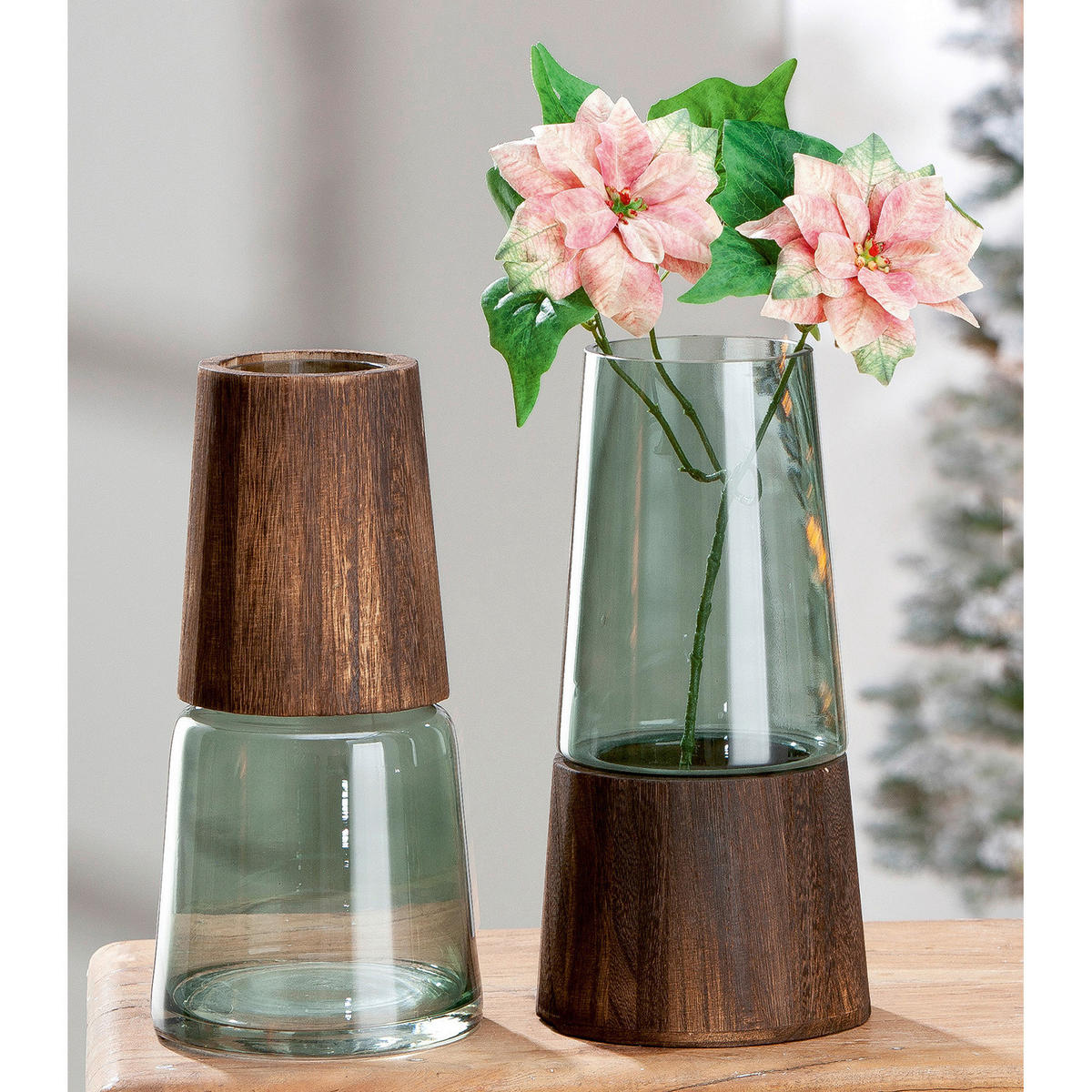 DEKOVASE  - Salbeigrün/Cappuccino, LIFESTYLE, Glas/Holz (14/28,5cm)