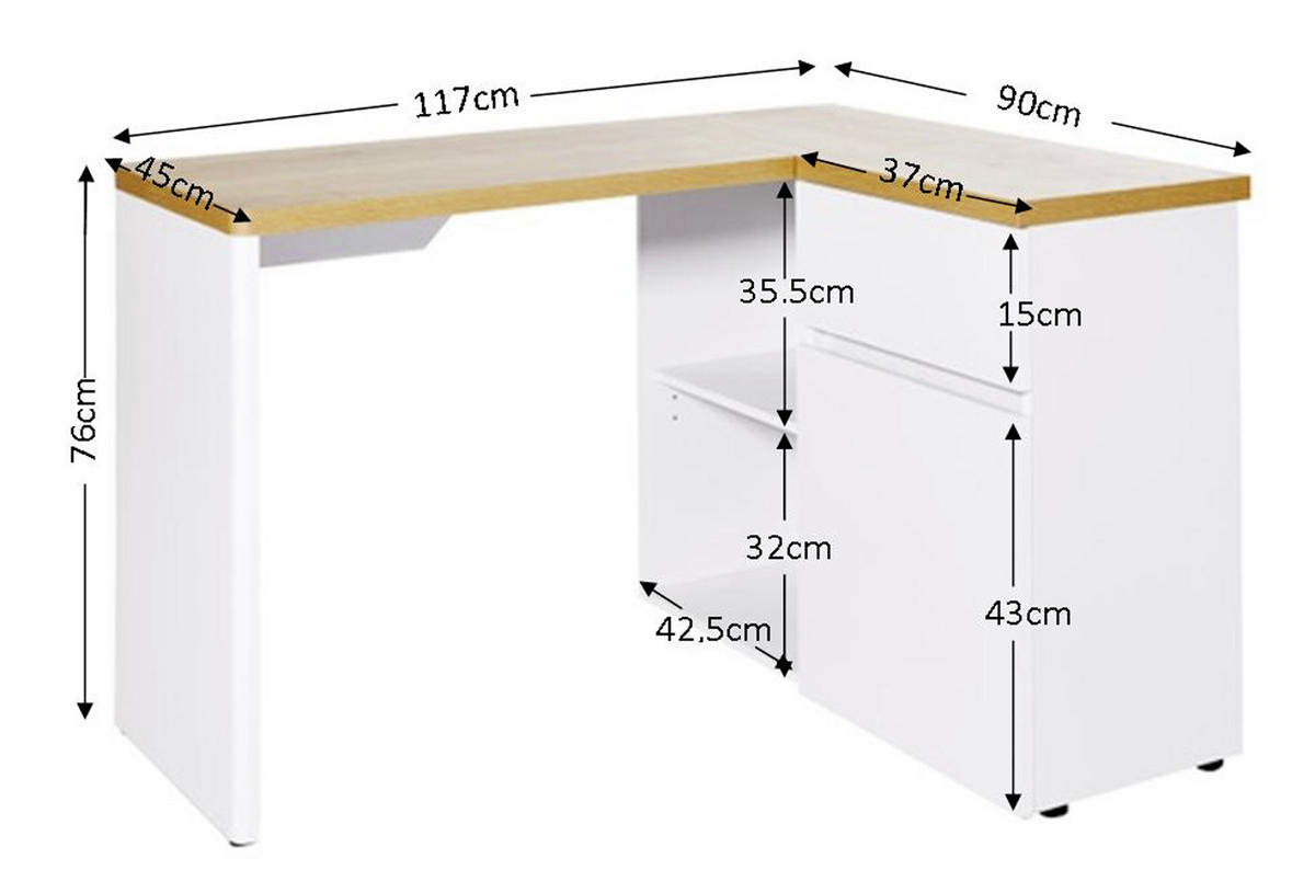 ECKSCHREIBTISCH 117/90/76,2 cm  in Weiss, Eichefarben  - Weiss/Eichefarben, Design, Holzwerkstoff (117/90/76,2cm)
