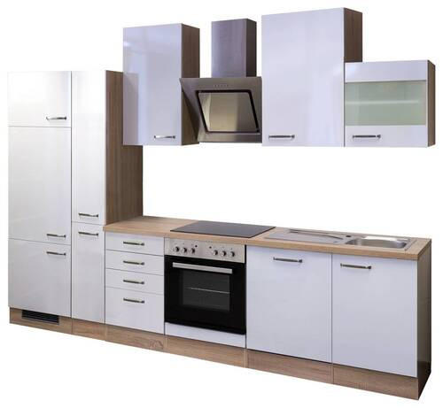 KUCHYNSKÁ LINKA VALERO 310 - biela s vysokým leskom/farba ušľachtilej ocele, Modern, kov/kompozitné drevo (310cm) - FlexWell