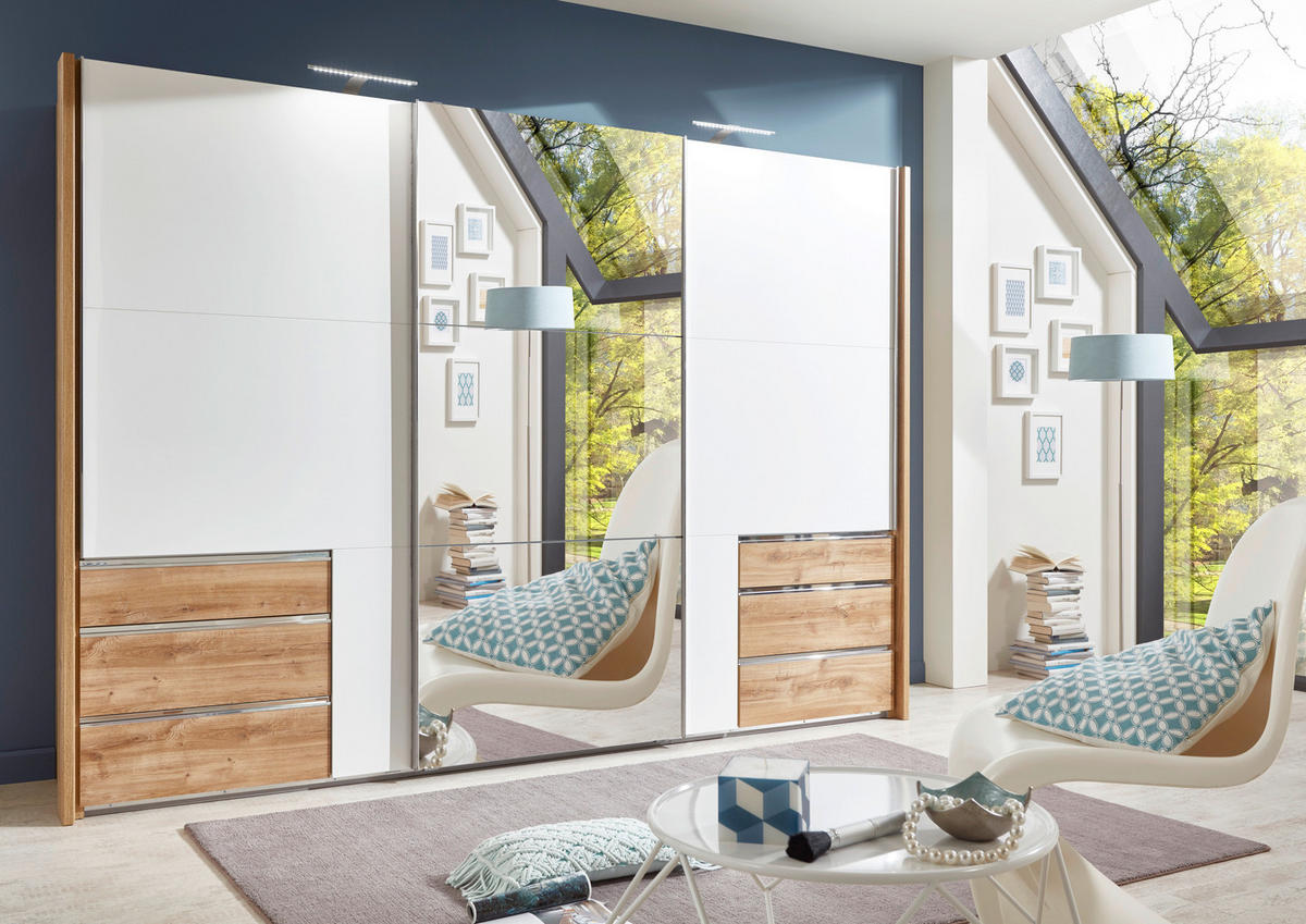 SCHWEBETÜRENSCHRANK 300/216/65 cm 3-türig Weiß, Eichefarben  - Chromfarben/Eichefarben, MODERN, Glas/Holzwerkstoff (300/216/65cm) - MID.YOU