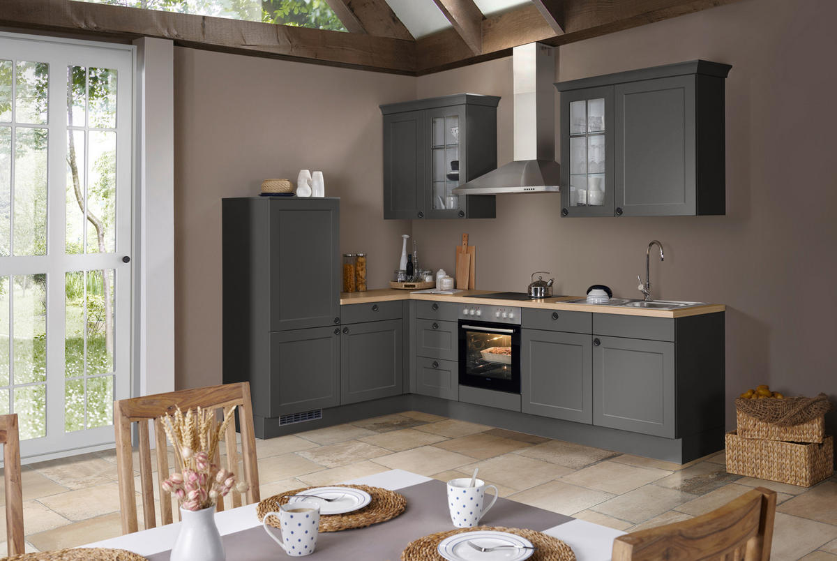 ECKKÜCHE 185,4/290,0 cm  Graphitfarben  - Eichefarben/Schwarz, Basics, Glas/Holzwerkstoff (185,4/290,0cm) - Impuls