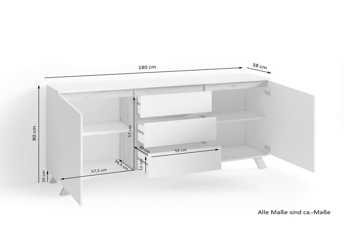 SIDEBOARD Valentin  in 180/76/38 cm  - Weiß/Eiche Artisan, MODERN, Holzwerkstoff (180/76/38cm) - MID.YOU