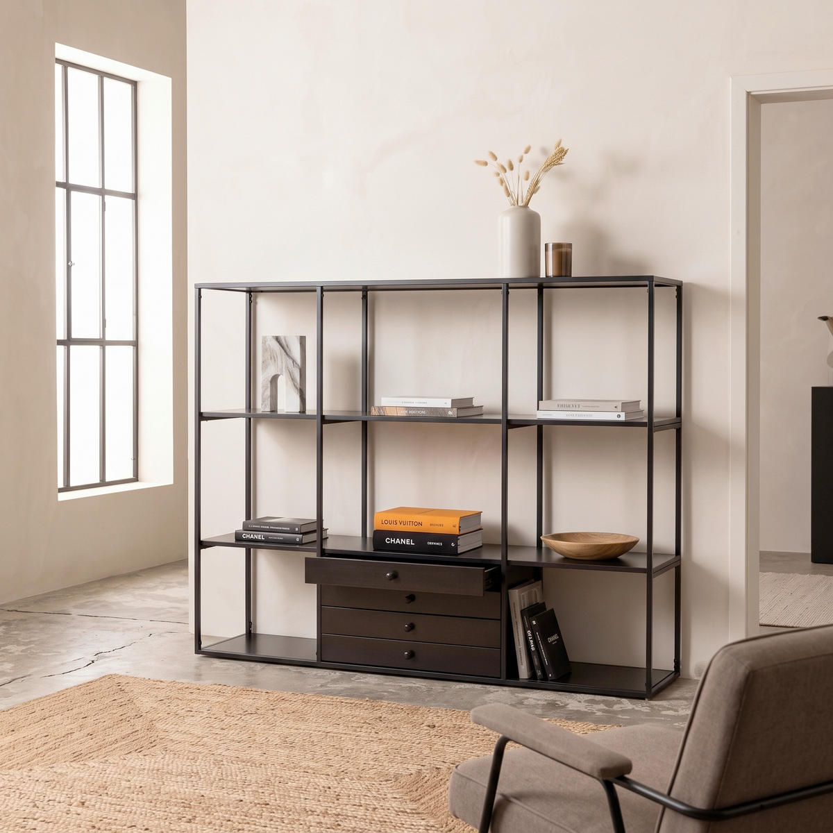 HYLLA i 150/120/35 cm svart, nötfärg  - nötfärg/svart, Design, metall/trämaterial (150/120/35cm) - Livetastic
