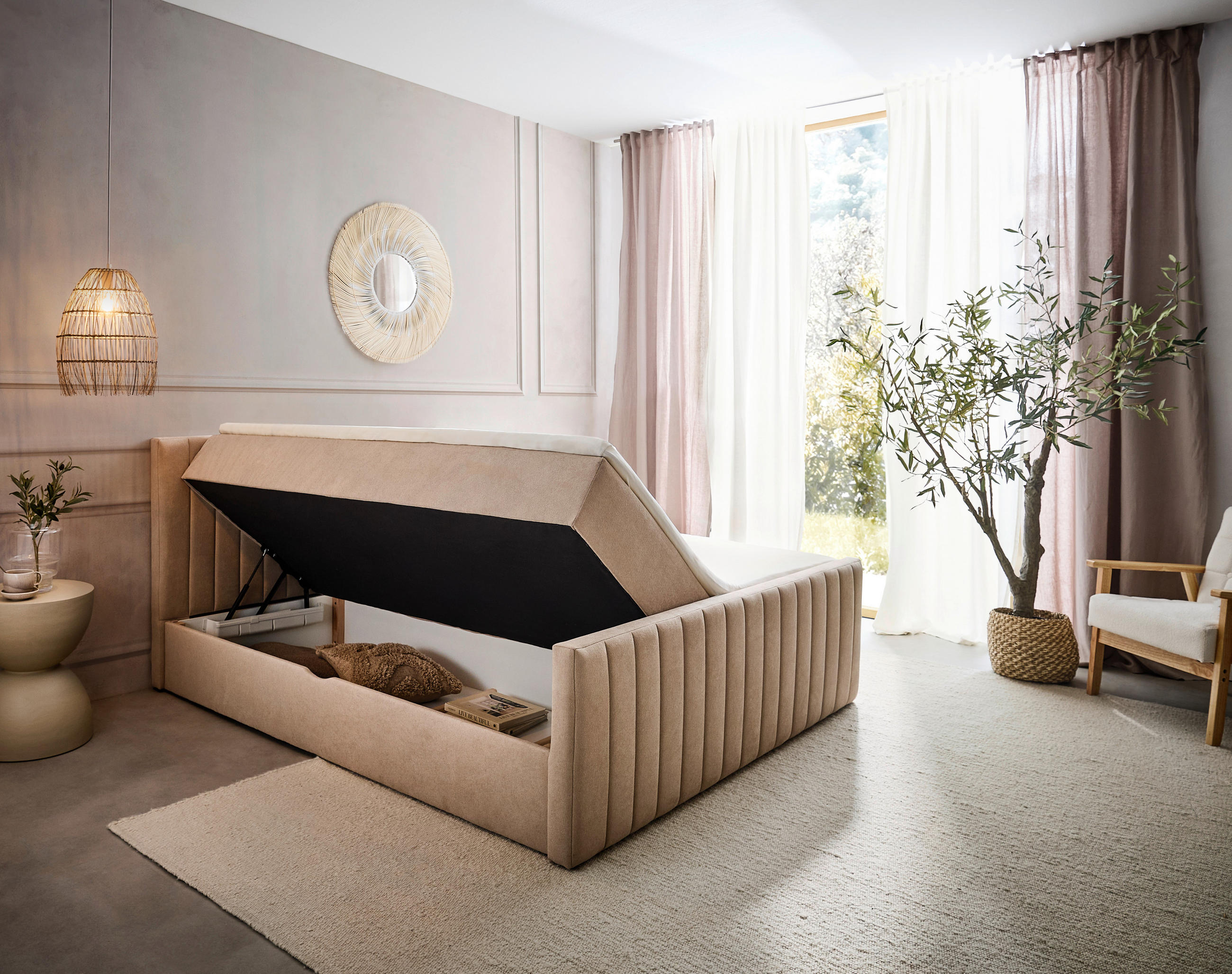 Thumbnail - Boxxx Boxbett, Beige, Textil, H3, Höhe ca. 25 cm, 140x200 cm, Bettkasten, gepolstertes Kopfteil, Topper durchgehend, in ...