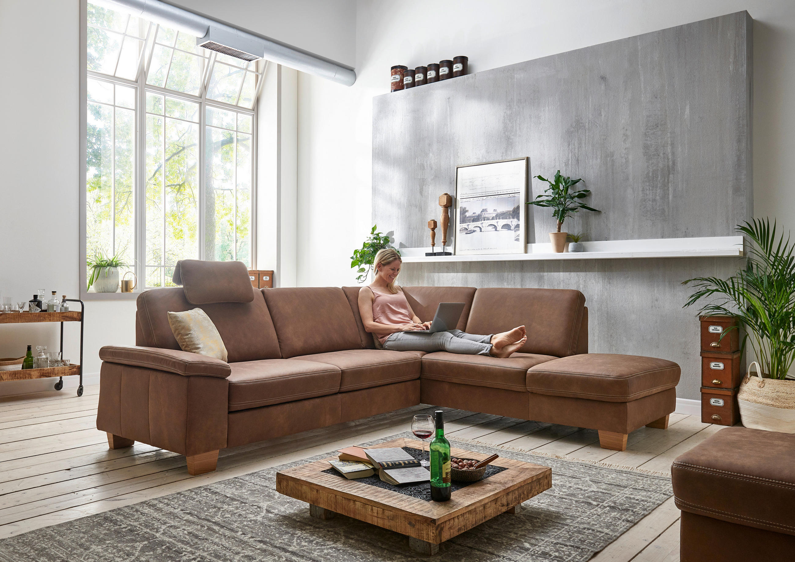 ECKSOFA in Echtleder Braun  235/274 cm  - Eichefarben/Beige, KONVENTIONELL, Leder/Holzwerkstoff (235/274cm) - Beldomo Premium