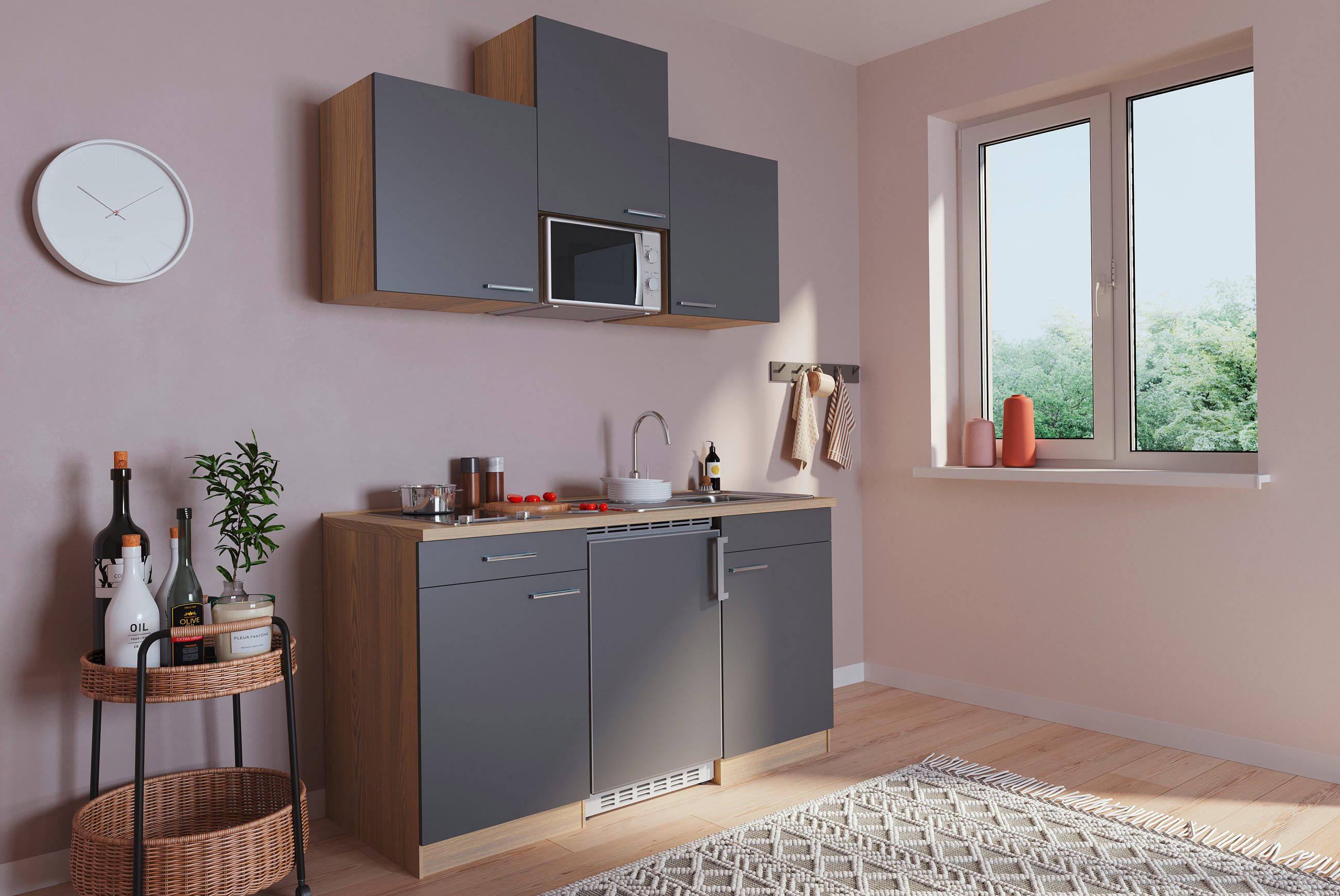 MINIKÜCHE 150 cm   in Grau, Eichefarben  - Eichefarben/Grau, Basics, Holzwerkstoff (150cm) - Respekta