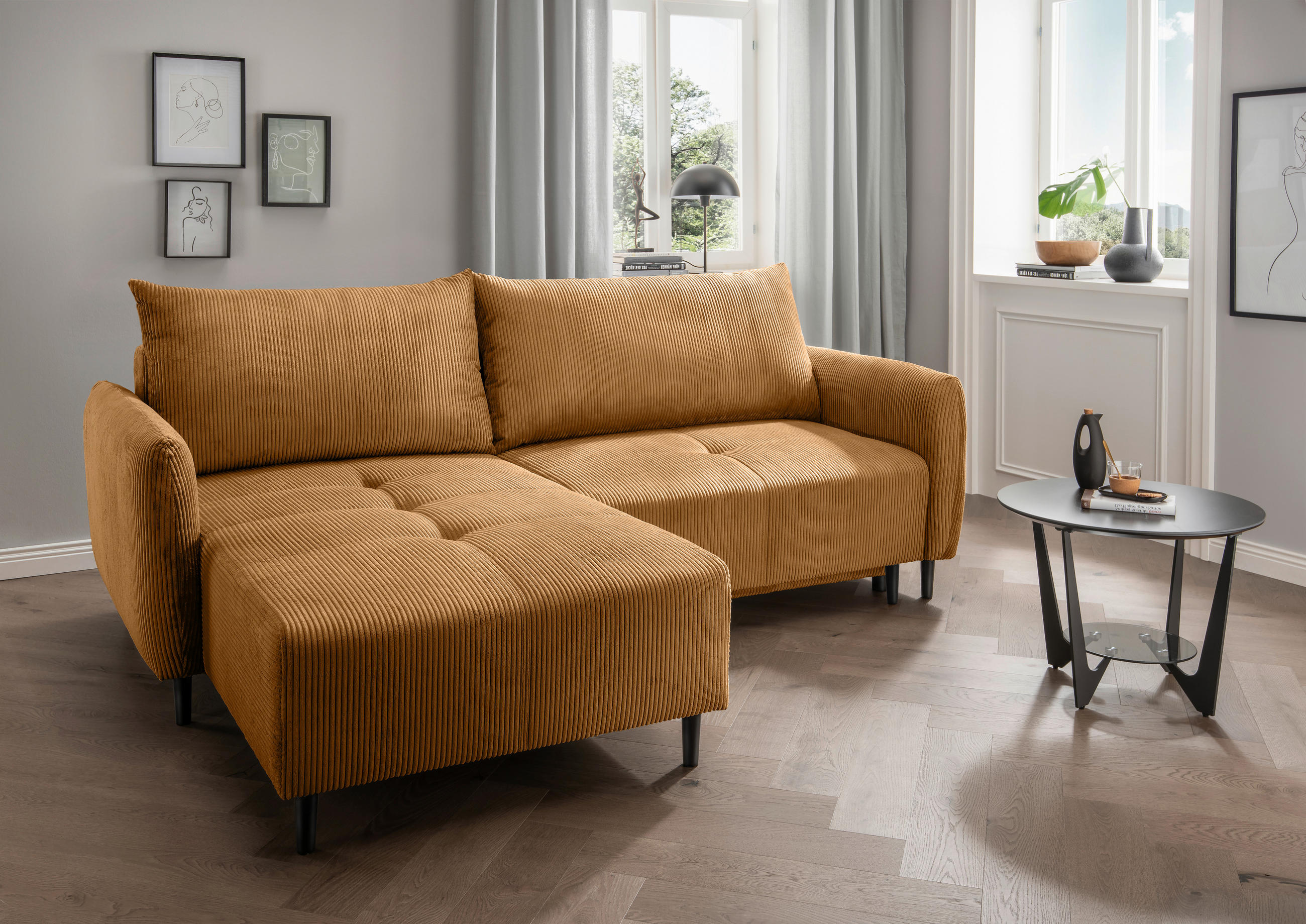 ECKSCHLAFSOFA in Cord Goldfarben - Goldfarben/Schwarz, Basics, Holz/Textil (238/174cm) - Livetastic
