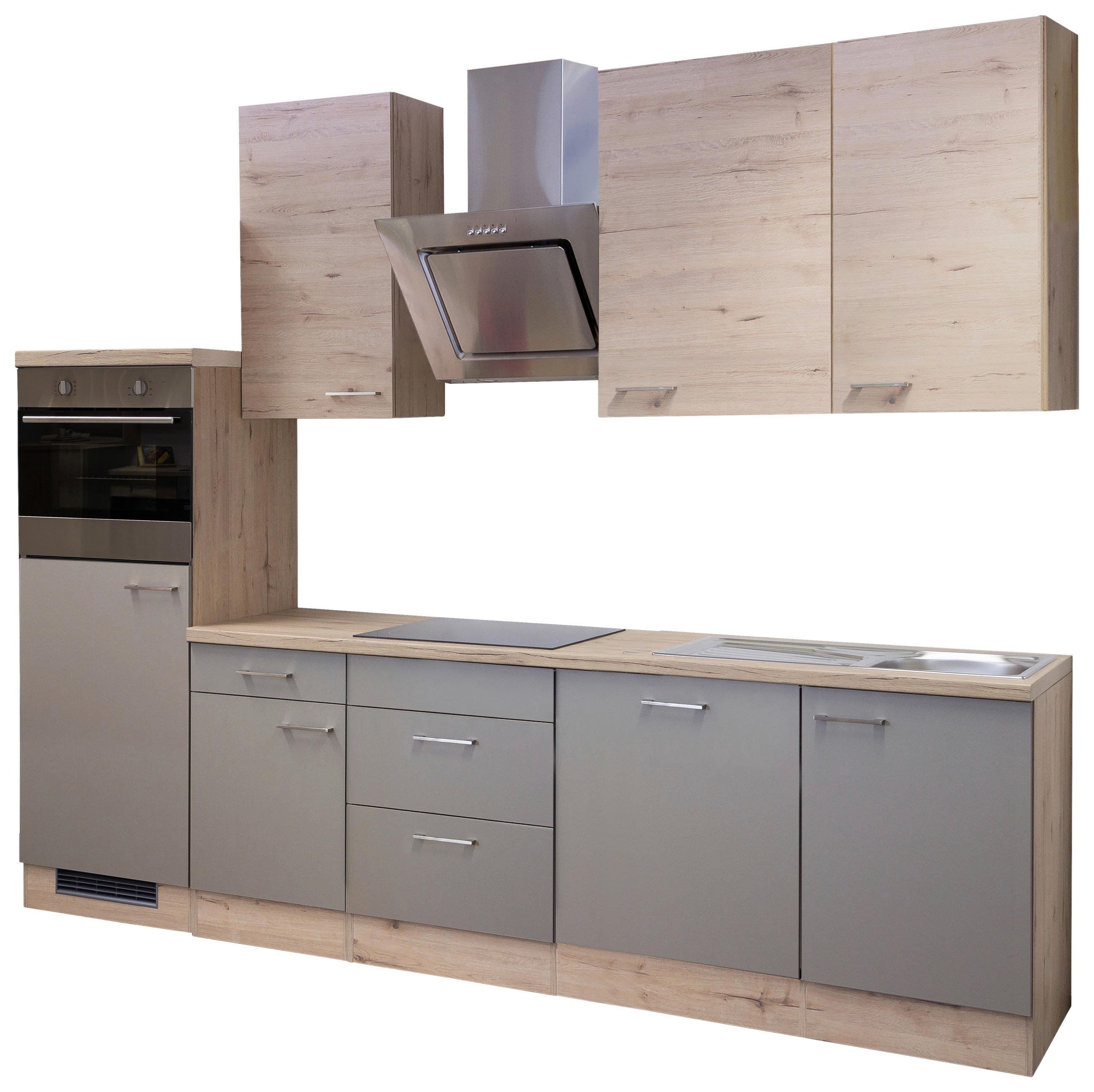 KÜCHENBLOCK 280 cm   in Champagner, Eiche San Remo  - Edelstahlfarben/Champagner, MODERN, Holzwerkstoff/Metall (280cm) - FlexWell