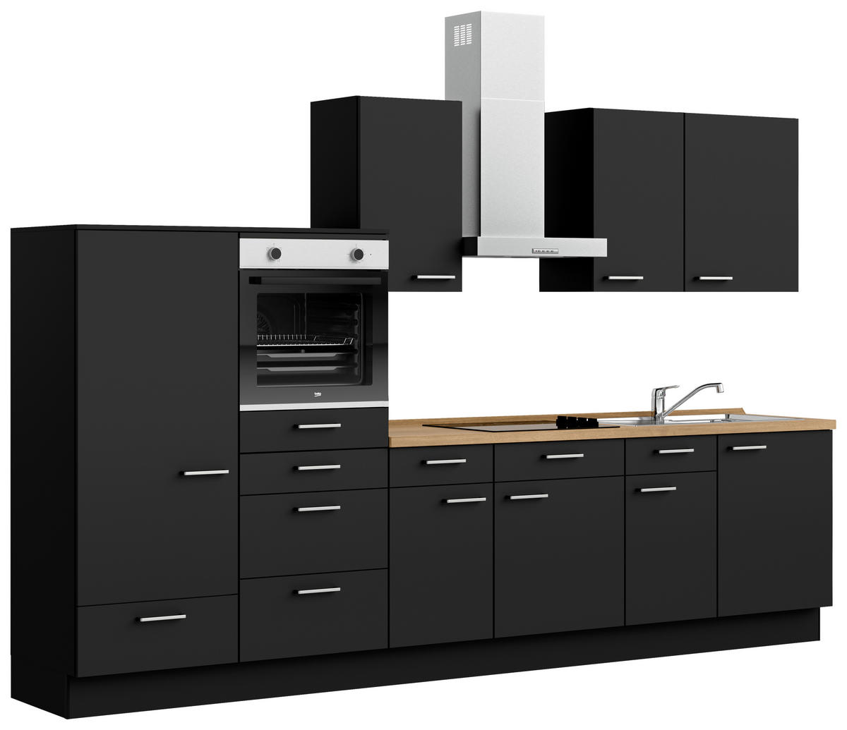 KÜCHENBLOCK Touch 330 cm  in Schwarz, Eichefarben  - Edelstahlfarben/Eichefarben, MODERN, Holzwerkstoff/Metall (330cm) - Nobilia
