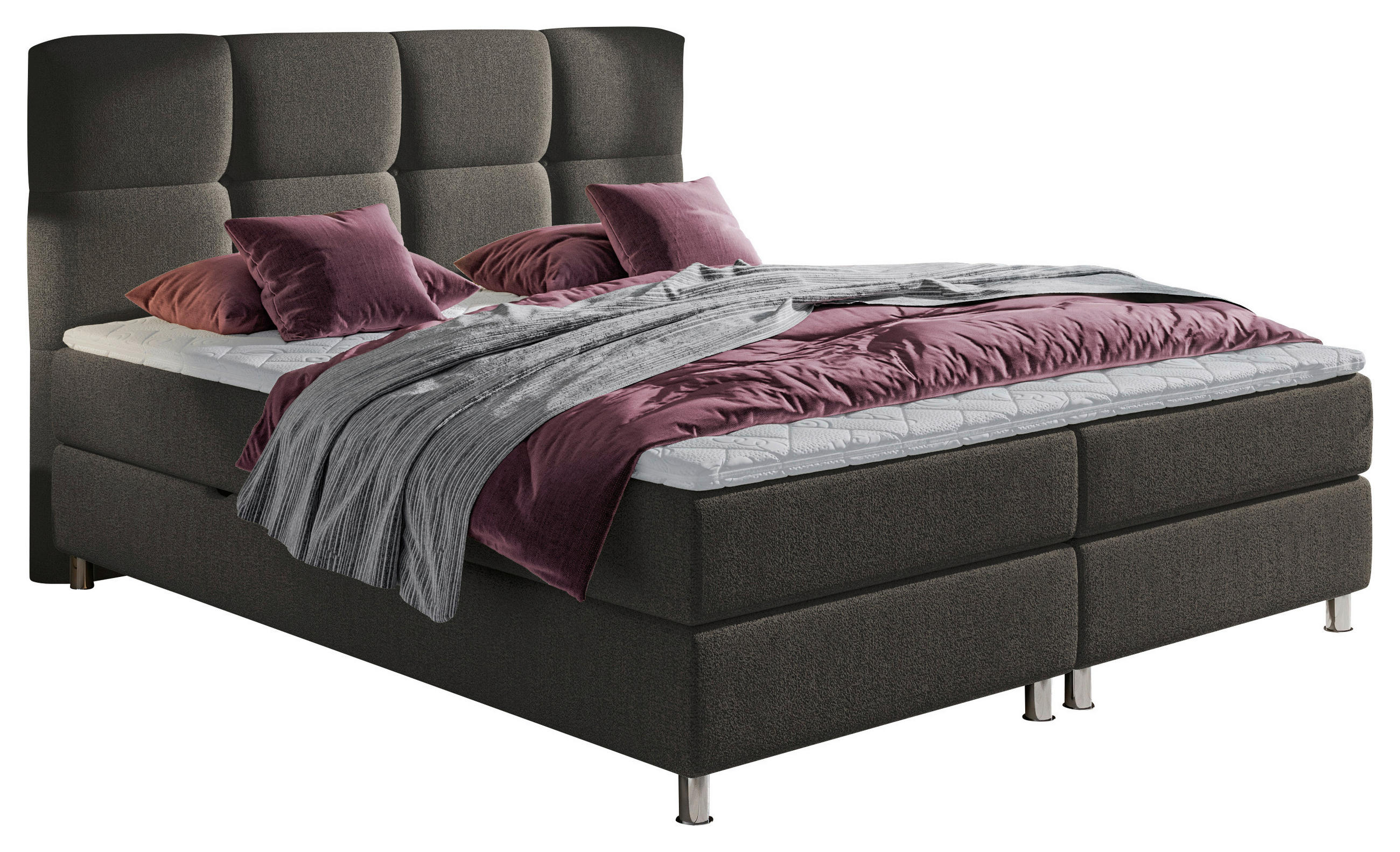 BOXBETT 140/200 cm,  in Dunkelbraun, Matratze, gepolstertes Kopfteil, Bettkasten, Topper, H3 = fest  - Chromfarben/Dunkelbraun, Design, Textil/Metall (140/200cm) - Ti'me