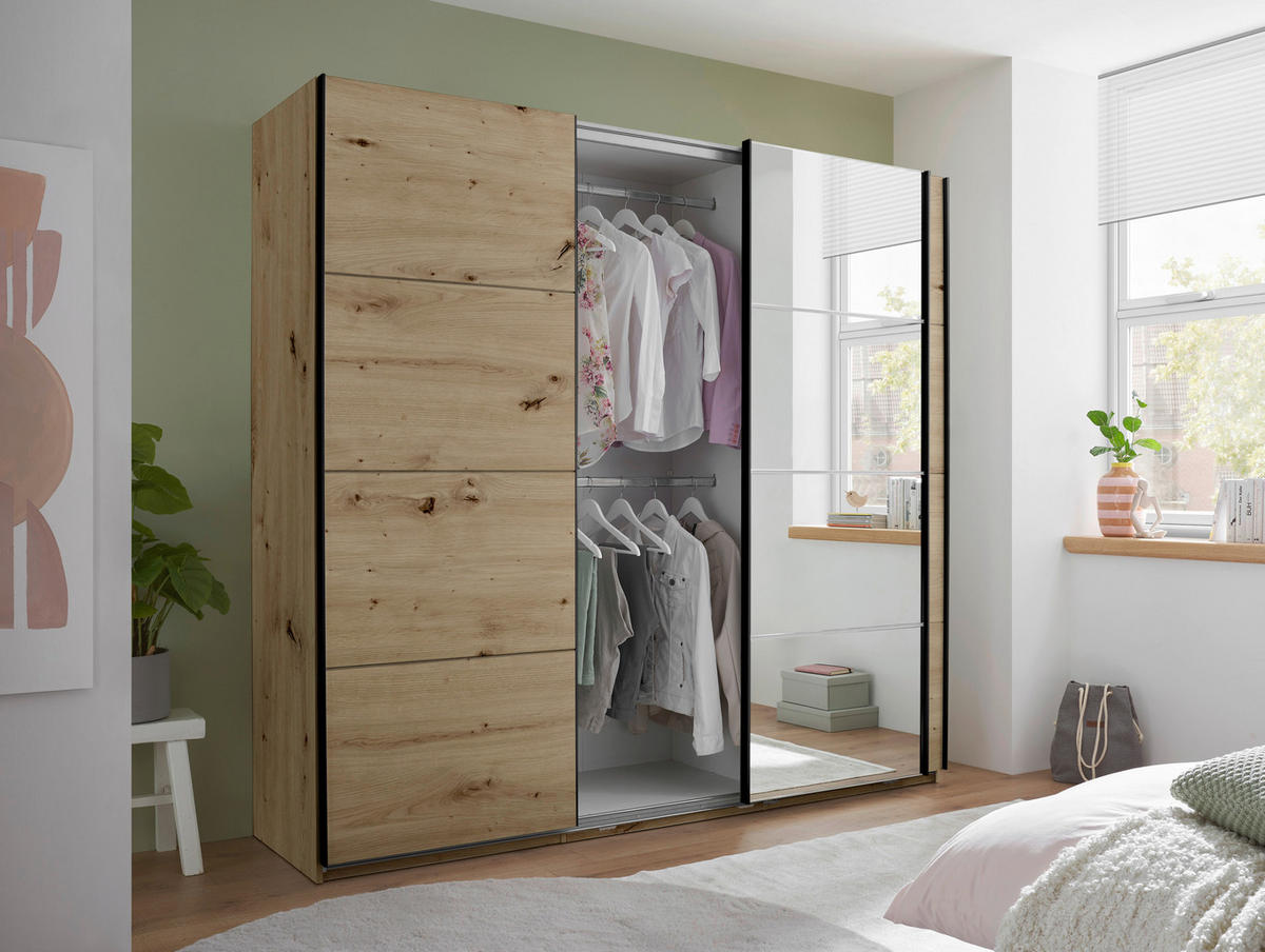 SCHWEBETÜRENSCHRANK 215/204/60 cm 3-türig Eiche Artisan  - Schwarz/Eiche Artisan, KONVENTIONELL, Glas/Holzwerkstoff (215/204/60cm) - Boxxx