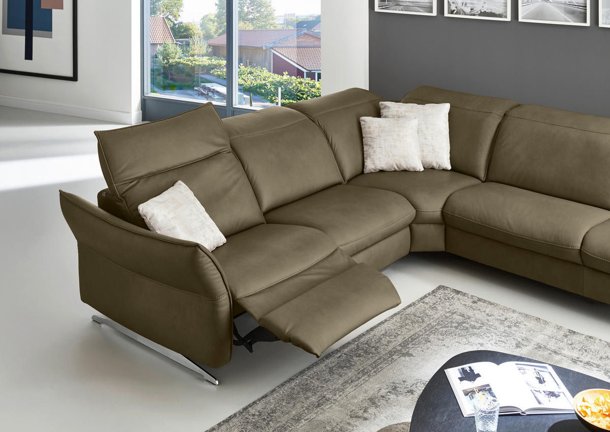 ECKSOFA in Echtleder Mokka  - Edelstahlfarben/Mokka, Design, Leder/Metall (292/258cm) - Hukla