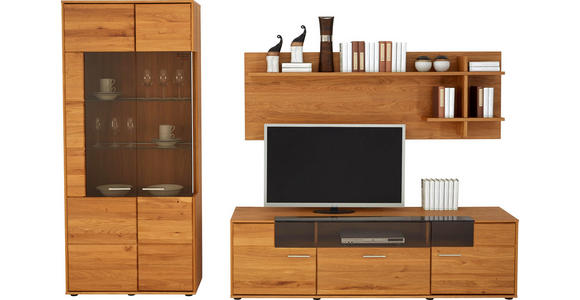 WOHNWAND Asteiche teilmassiv Eichefarben - Eichefarben/Silberfarben, KONVENTIONELL, Glas/Holz (304,3/203,8/48cm) - Voleo