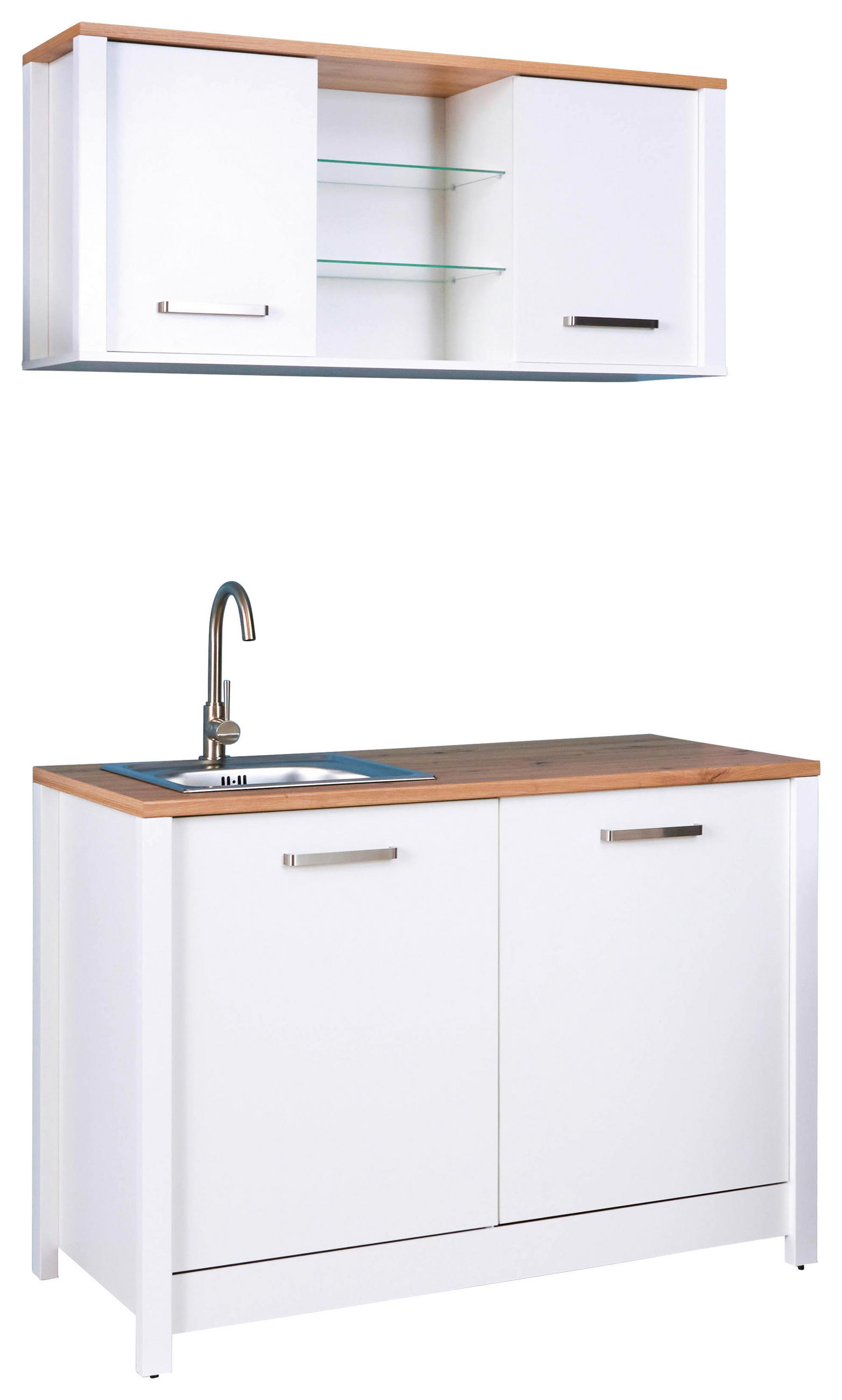 MINIKÜCHE   in Weiß, Eiche Artisan  - Silberfarben/Weiß, MODERN, Glas/Holzwerkstoff (130/92/60cm) - home24
