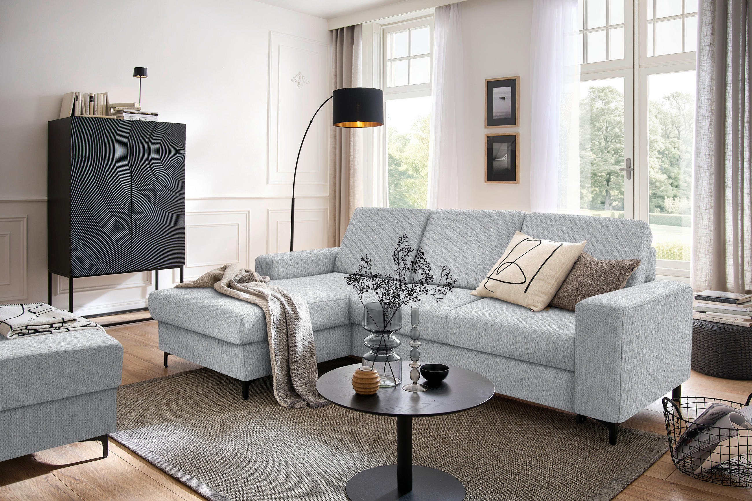 ECKSOFA Grau, Hellgrau Webstoff  - Hellgrau/Schwarz, KONVENTIONELL, Textil/Metall (167/247cm) - Stylife