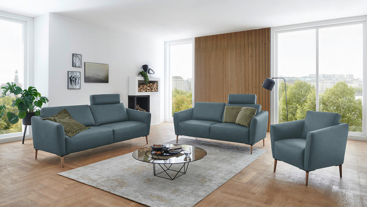 2-SITZER-SOFA  in Echtleder Blaugrau   - Eichefarben/Beige, Natur, Leder/Holz (207/86/87cm) - Valnatura