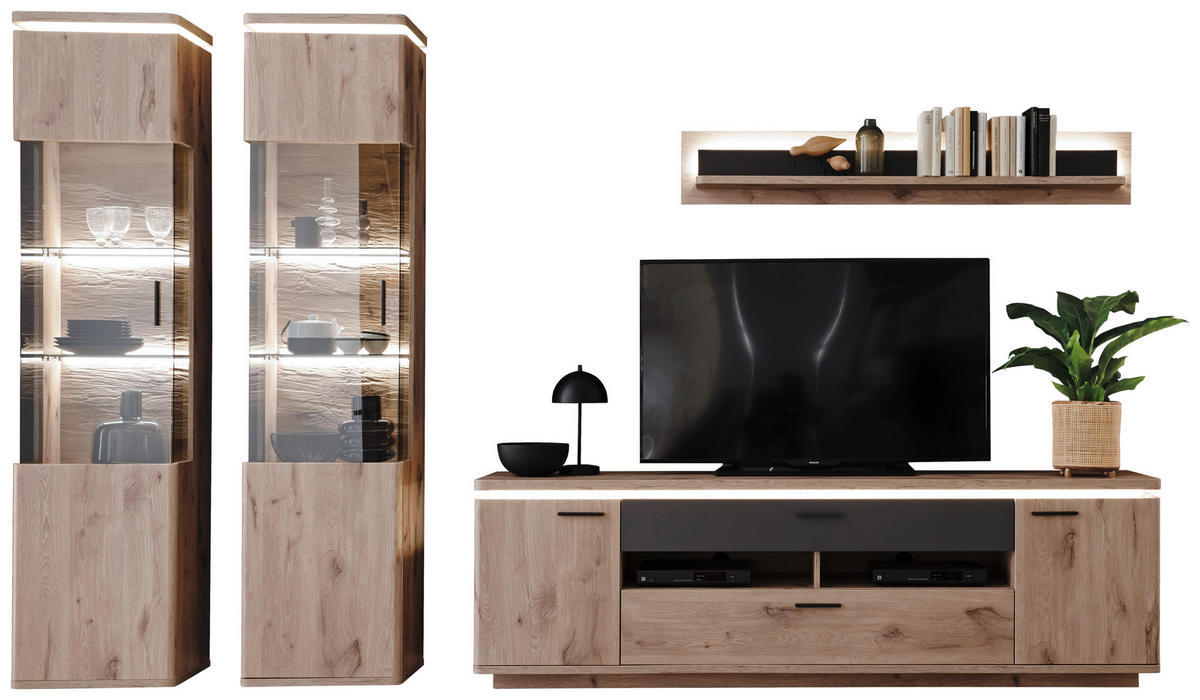 WOHNWAND  in Anthrazit, Eiche dunkel  330/208/50 cm  - Eiche dunkel/Anthrazit, KONVENTIONELL, Glas/Holzwerkstoff (330/208/50cm) - Cantus