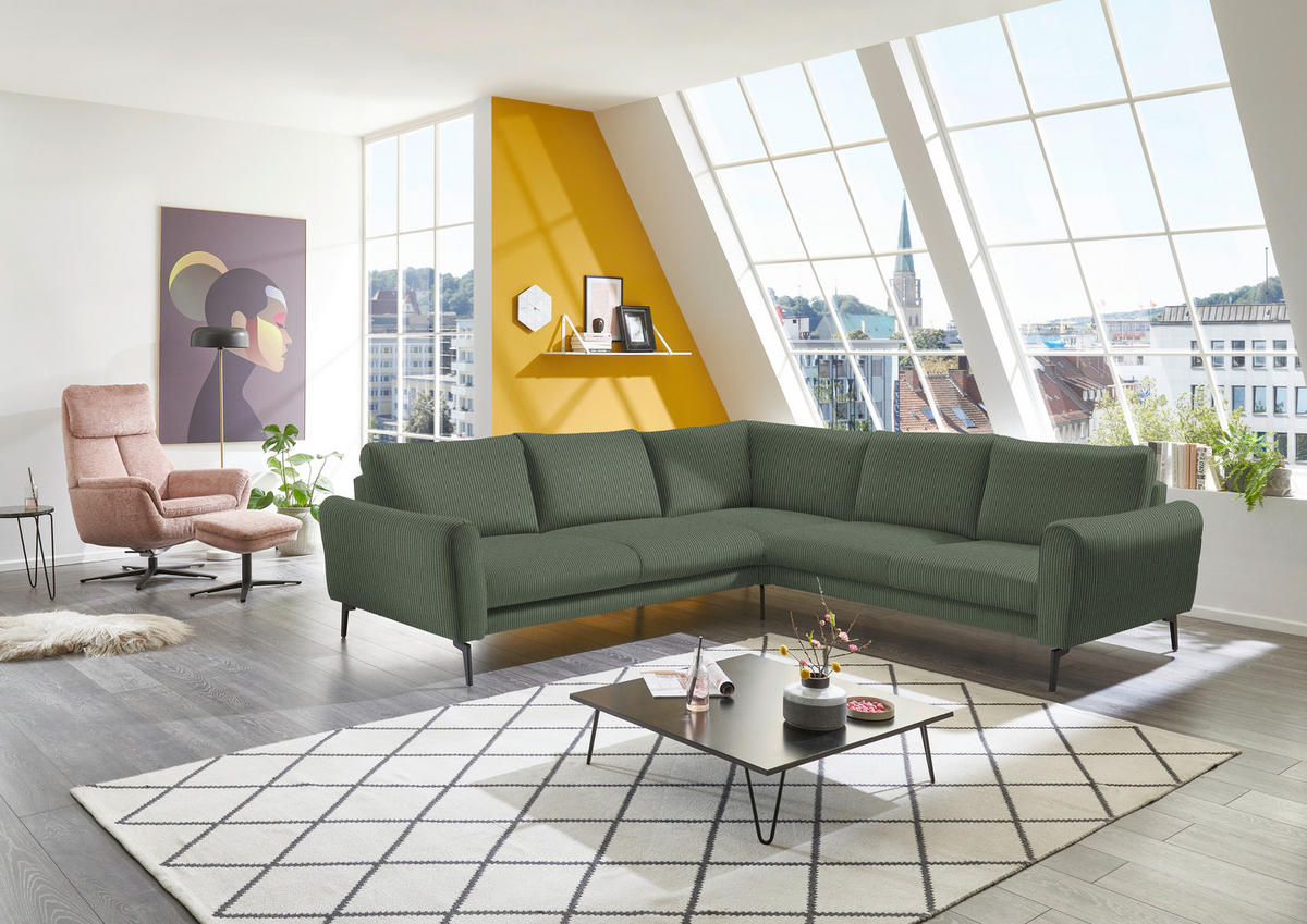 ECKSOFA in Velours, Feincord Grün  - Schwarz/Grün, Design, Textil/Metall (280/254cm) - Beldomo Style