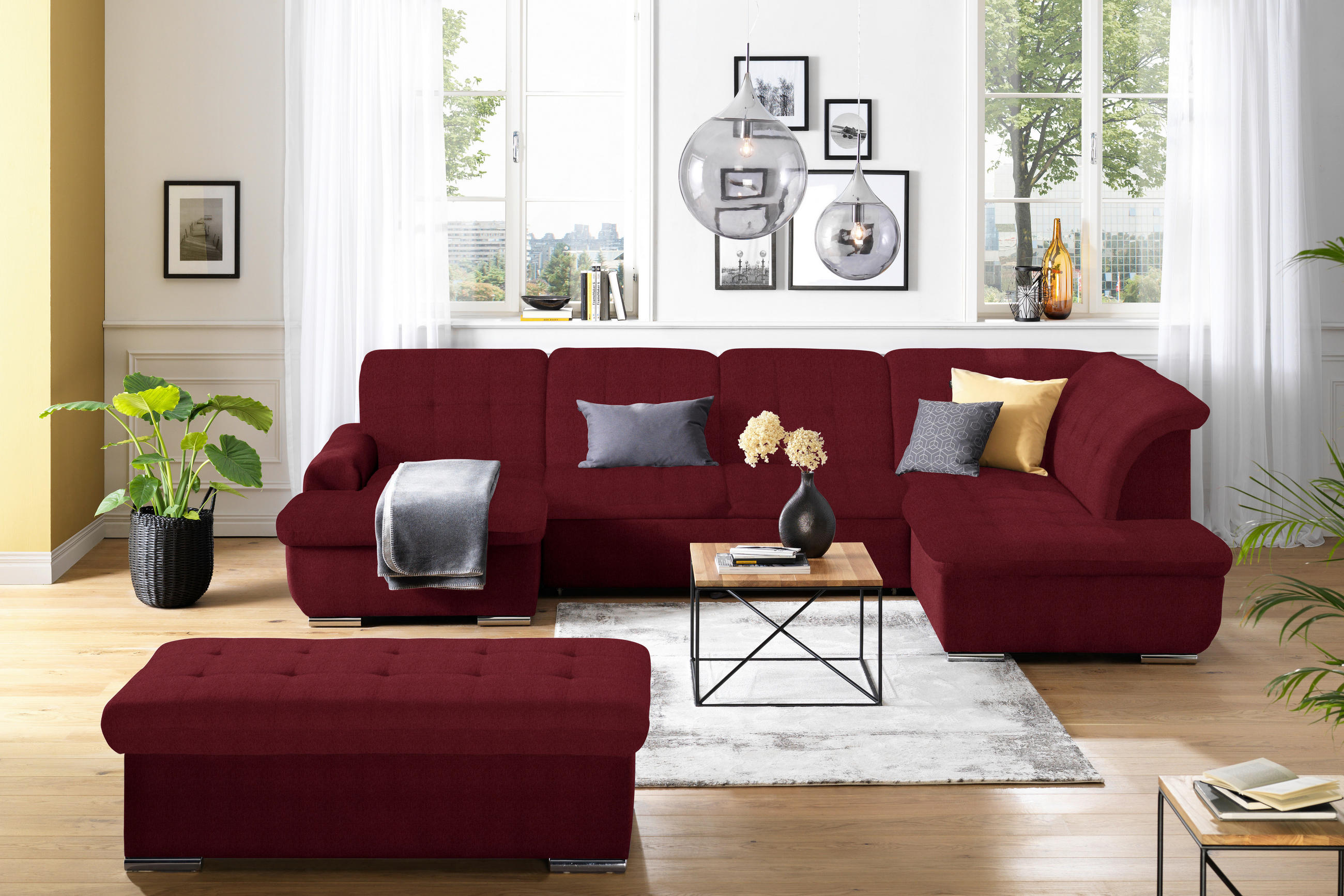 HOCKER Flachgewebe Bordeaux  - Bordeaux/Silberfarben, Design, Textil/Metall (137/43/74cm) - Cantus