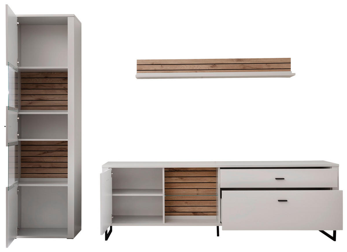 WOHNWAND  in Weiss, Eichefarben 287/206/44 cm  - Weiss/Eichefarben, Design, Glas/Holzwerkstoff (287/206/44cm) - Stylife