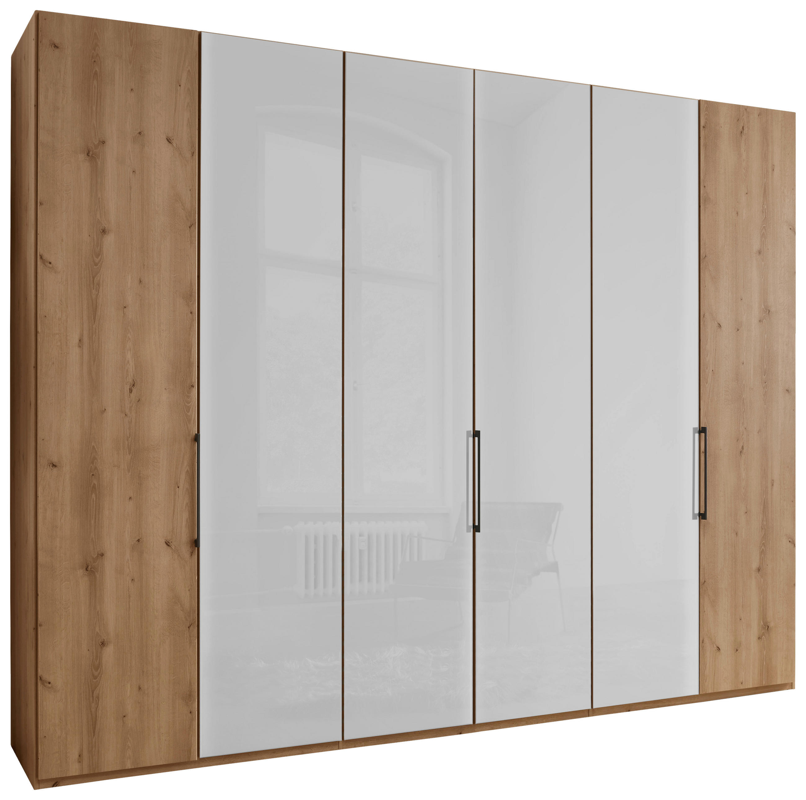 DREHTÜRENSCHRANK 300/216/58 cm 6-türig Weiß, Eiche Bianco  - Schieferfarben/Eiche Bianco, KONVENTIONELL, Glas/Holzwerkstoff (300/216/58cm) - Dieter Knoll