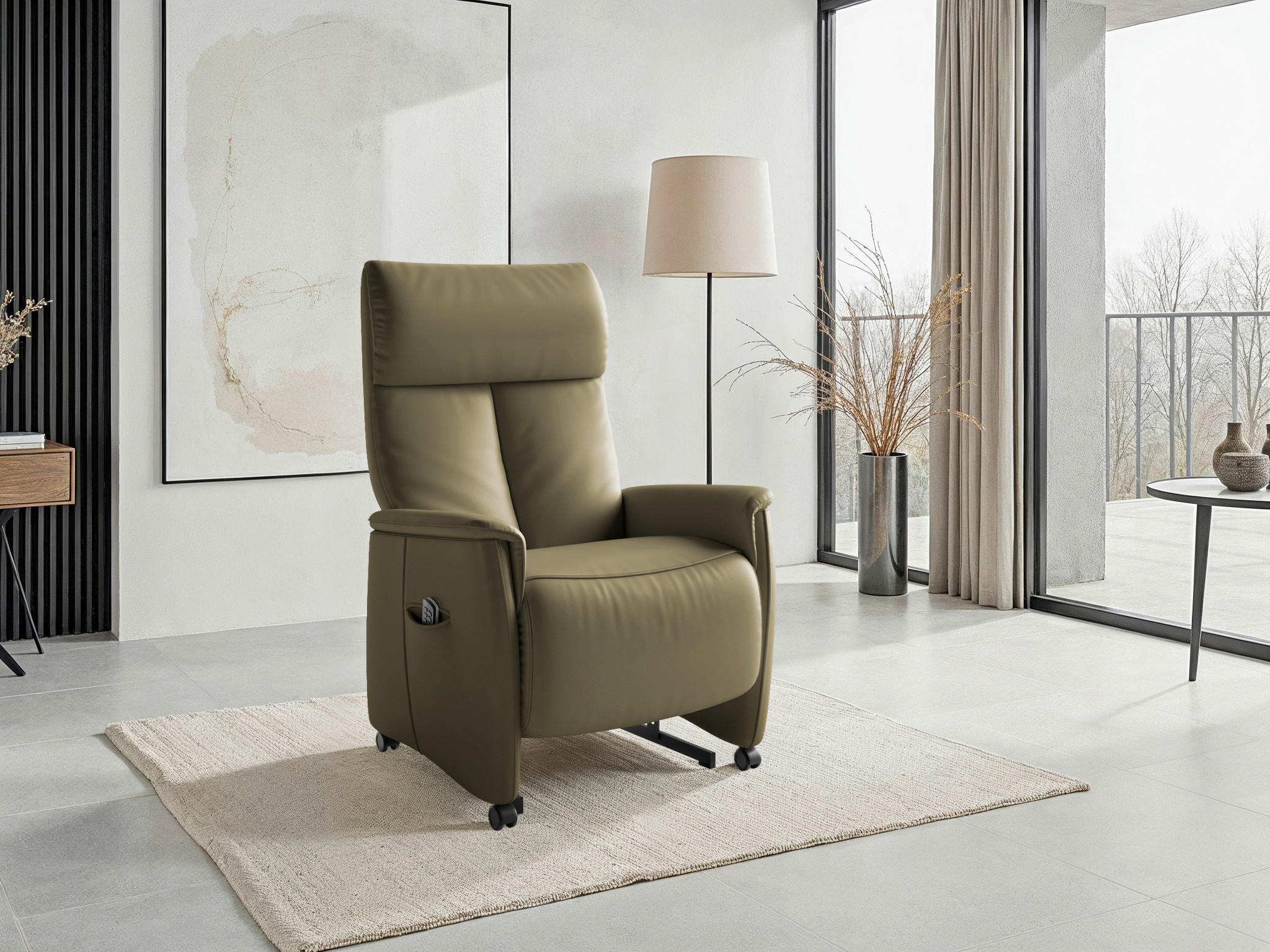 RELAXSESSEL TV CREMONA COMFORT E M2 Echtleder Kopfteilverstellung, Fußteilverstellung, Rücken echt    - Schwarz/Olivgrün, Basics, Leder/Kunststoff (76/112/84cm) - Sit & More