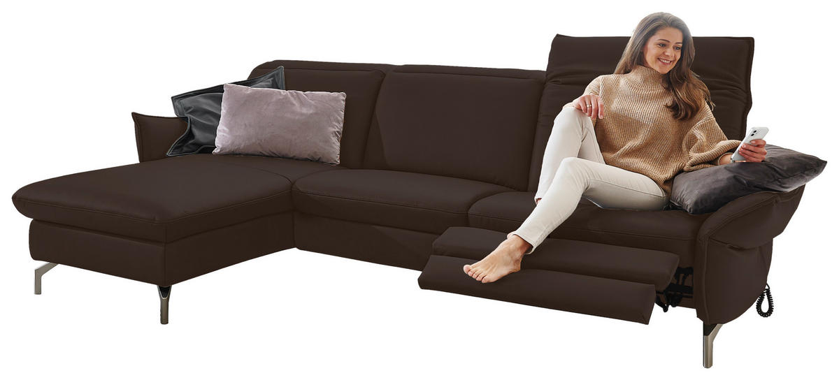 ECKSOFA in Lederlook (vegan) Dunkelbraun  - Dunkelbraun/Nickelfarben, Modern, Textil/Metall (179/233cm) - Livetastic