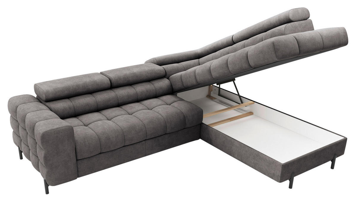 ECKSOFA FERUCCE Grau Chenille Bettkasten, Kopfteilverstellung  - Schwarz/Grau, Design, Textil/Metall (276/200cm) - MID.YOU