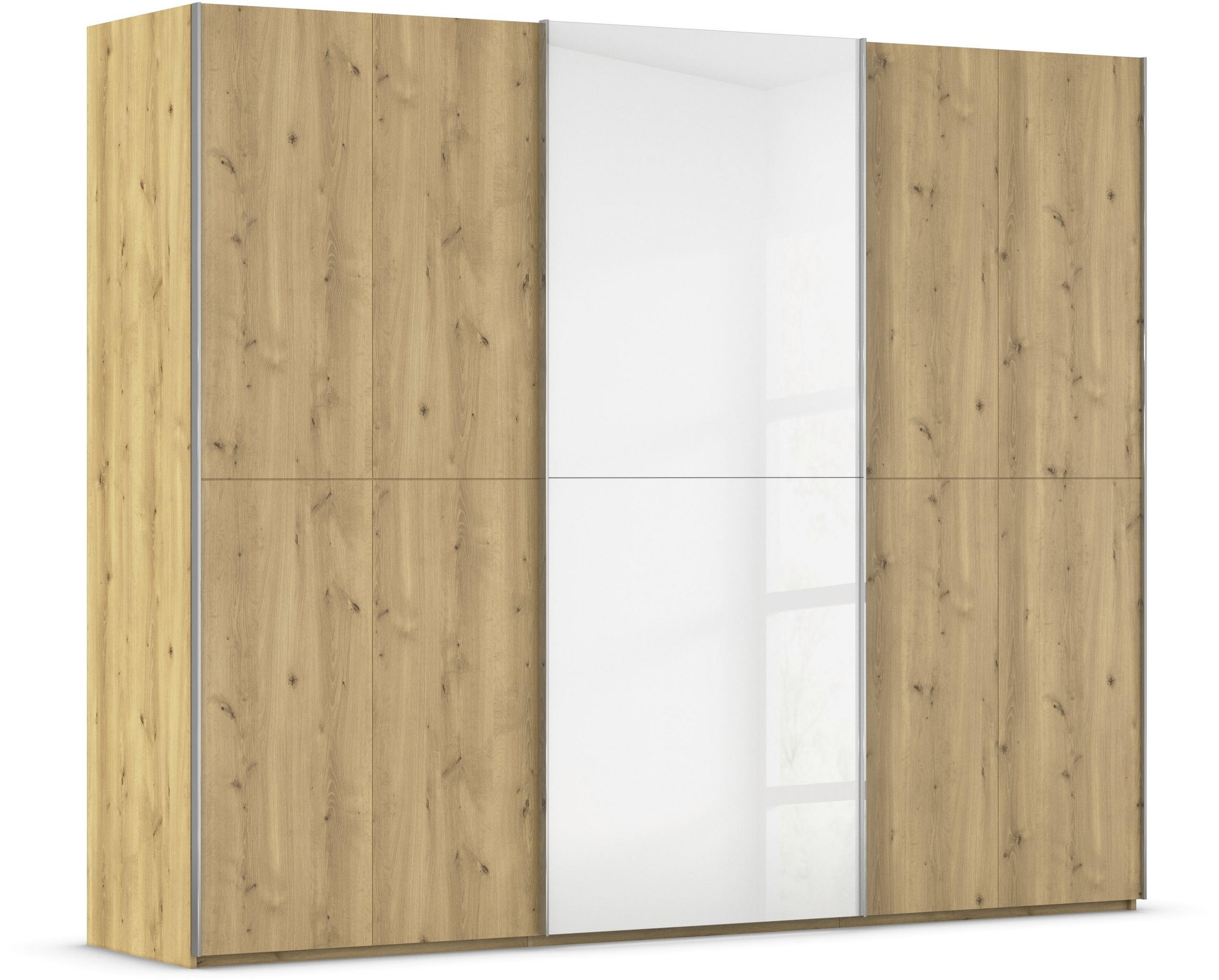 SCHWEBETÜRENSCHRANK 270/223/68 cm 3-türig Weiß, Eichefarben, Chromfarben  - Chromfarben/Eichefarben, Design, Glas/Holz (270/223/68cm) - Novel